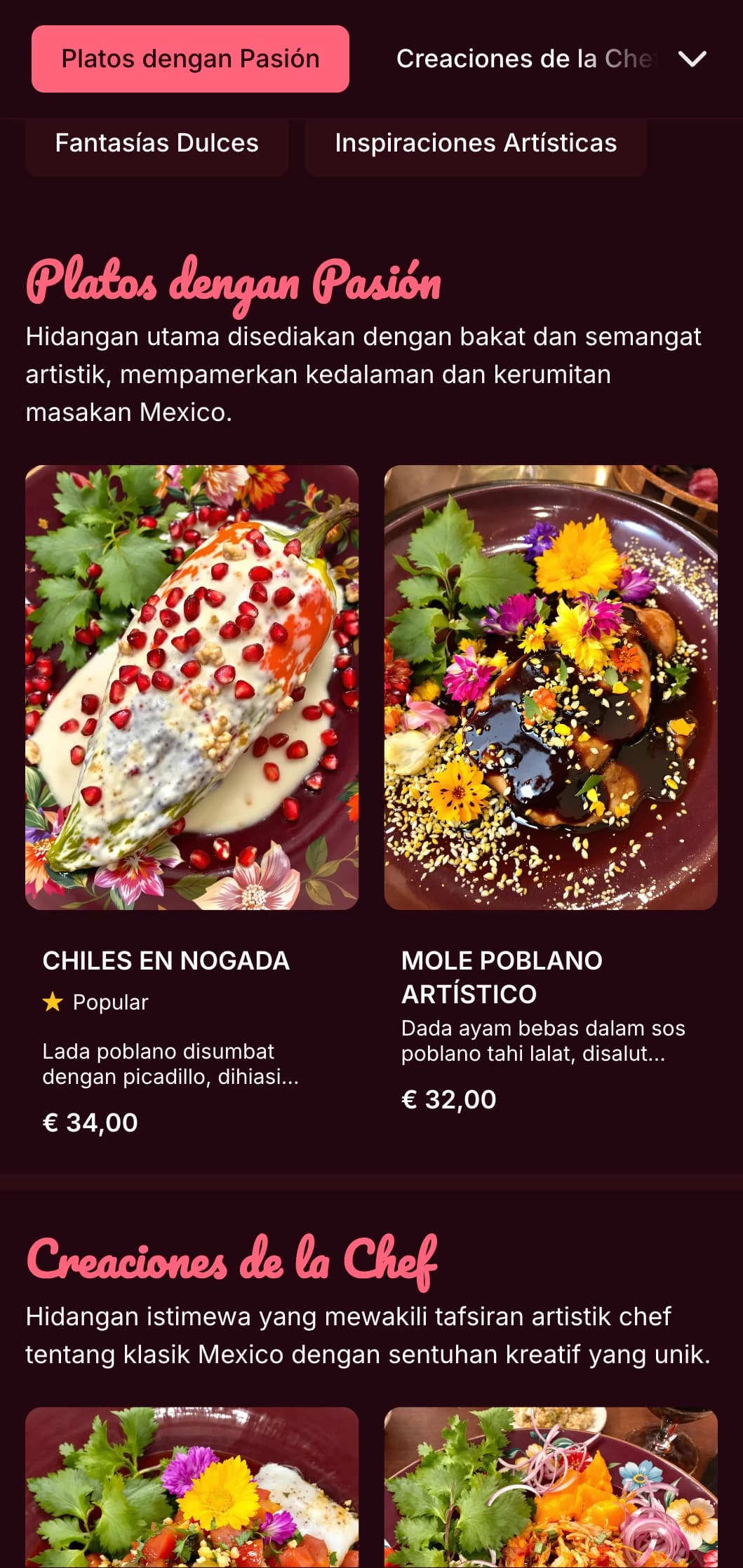 Menu artistik dan bersemangat yang diilhamkan oleh Frida Kahlo yang menampilkan aksen merah jambu terang, hidangan Mexico yang berwarna-warni dan persembahan kreatif.