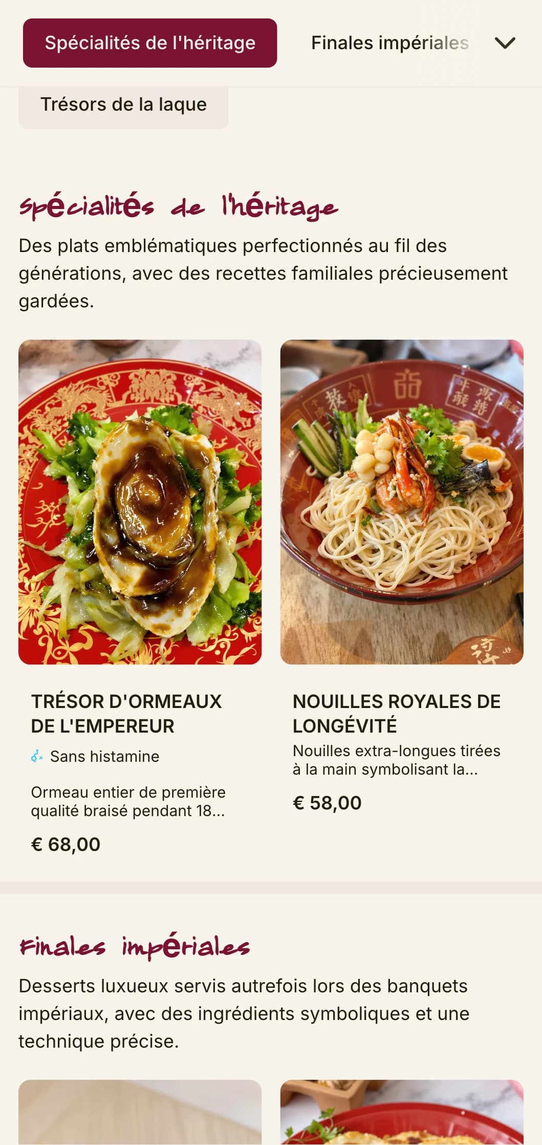 Menu chinois luxueux inspiré de la laque traditionnelle, avec des couleurs riches pour la cuisine traditionnelle et les occasions spéciales.