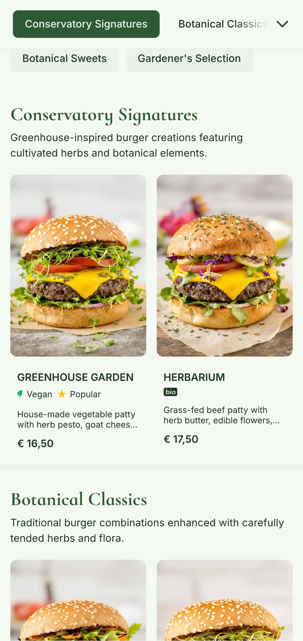 Plant-focused burger garden with greenhouse elements and botanical illustrations.