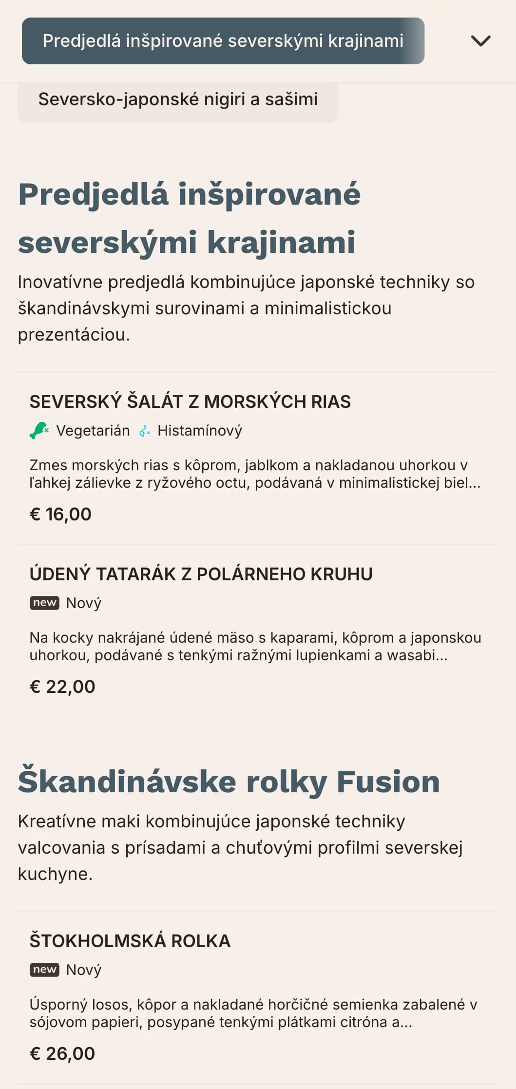 Moderné fusion sushi menu kombinujúce japonské tradície so škandinávskym minimalizmom, čisté línie a tlmená modrá.