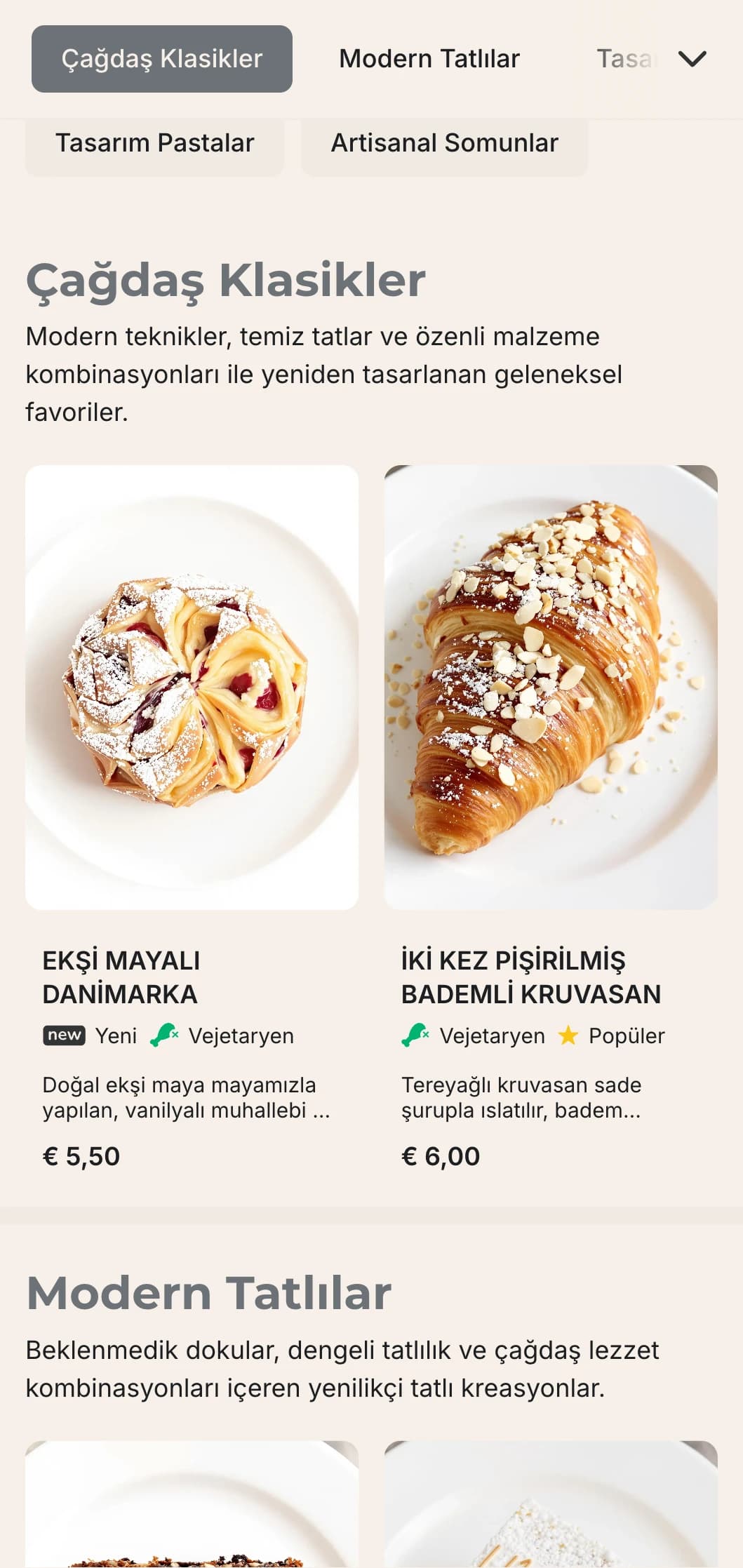 Modern bir estetiğe sahip kentsel fırınlar için ideal olan, temiz çizgiler ve basit tipografi içeren çağdaş, minimalist bir fırın menüsü tasarımı.