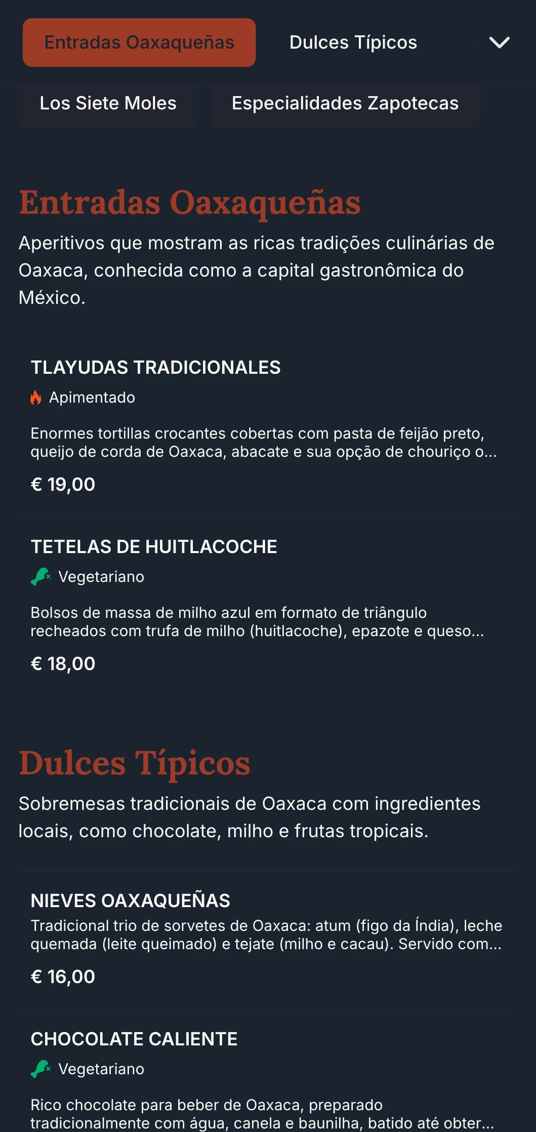 Cardápio rico e terroso que celebra as tradições culinárias de Oaxaca com detalhes em terracota, padrões indígenas e pratos especiais de toupeira.