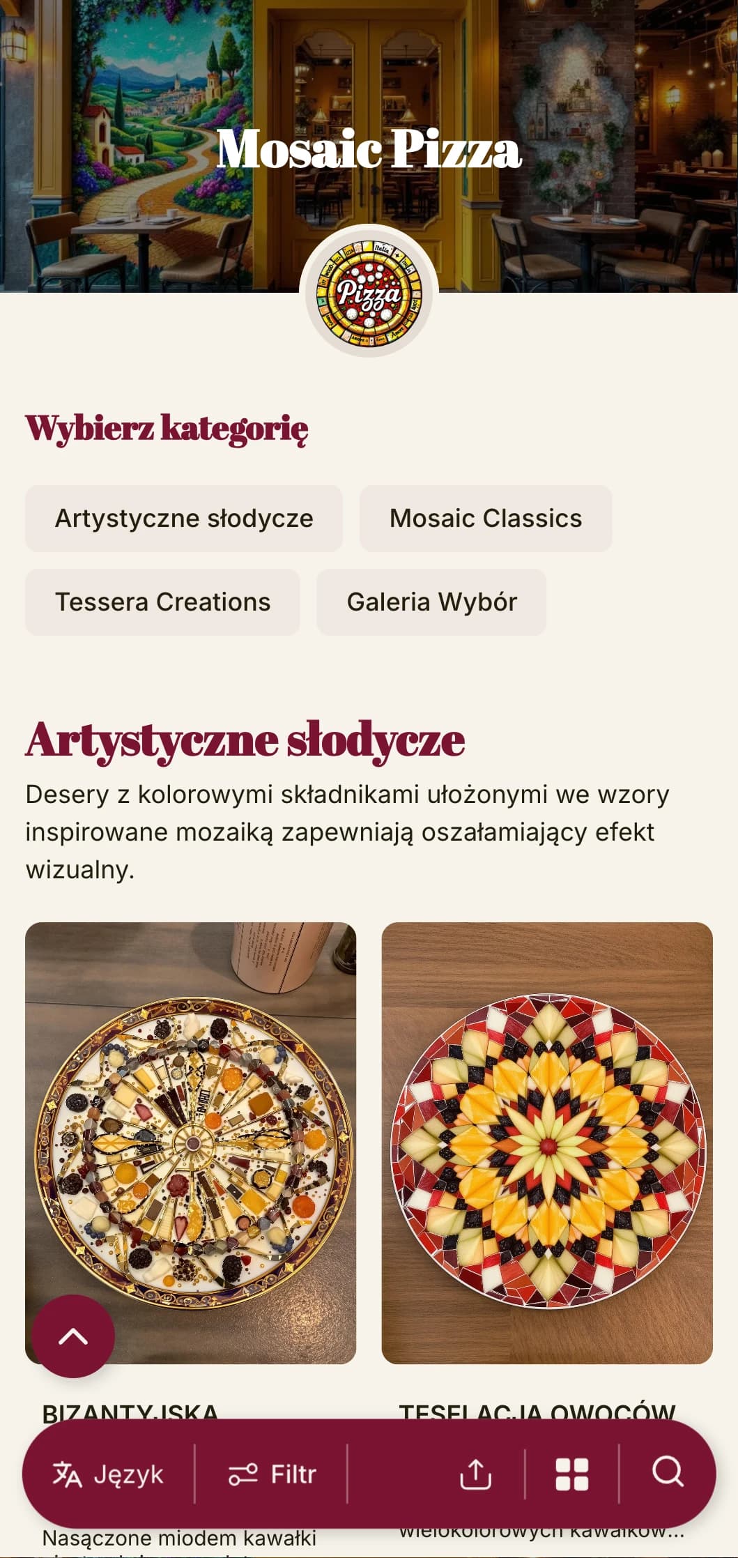 Kolorowe, artystyczne menu pizzy inspirowane włoską mozaiką z żywymi elementami.