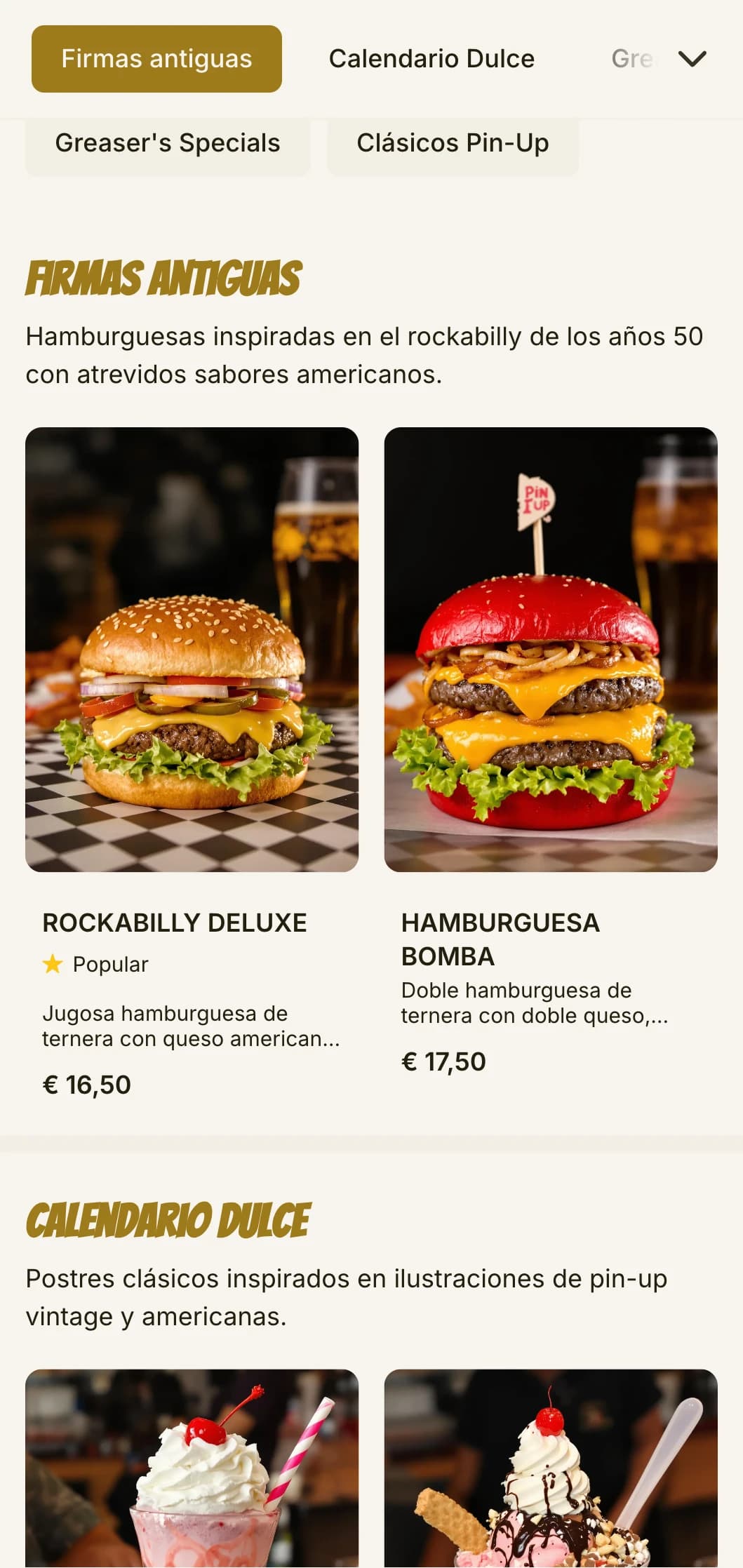 Hamburguesería de inspiración rockabilly con arte pin-up vintage y nostalgia de los años 50.