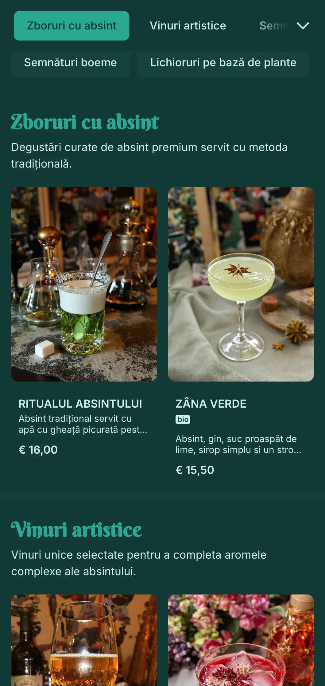 Design verde smarald cu elemente art nouveau pentru saloane de absint și băuturi spirtoase.