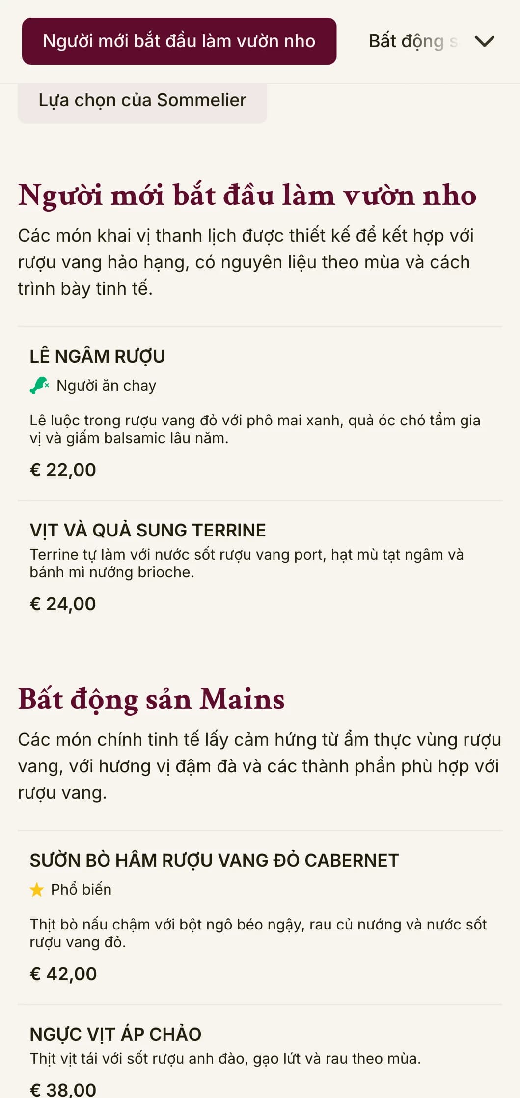 Thực đơn tối sang trọng với màu sắc lấy cảm hứng từ rượu vang và kiểu chữ thanh lịch, được thiết kế cho những cơ sở có chương trình rượu vang phong phú.
