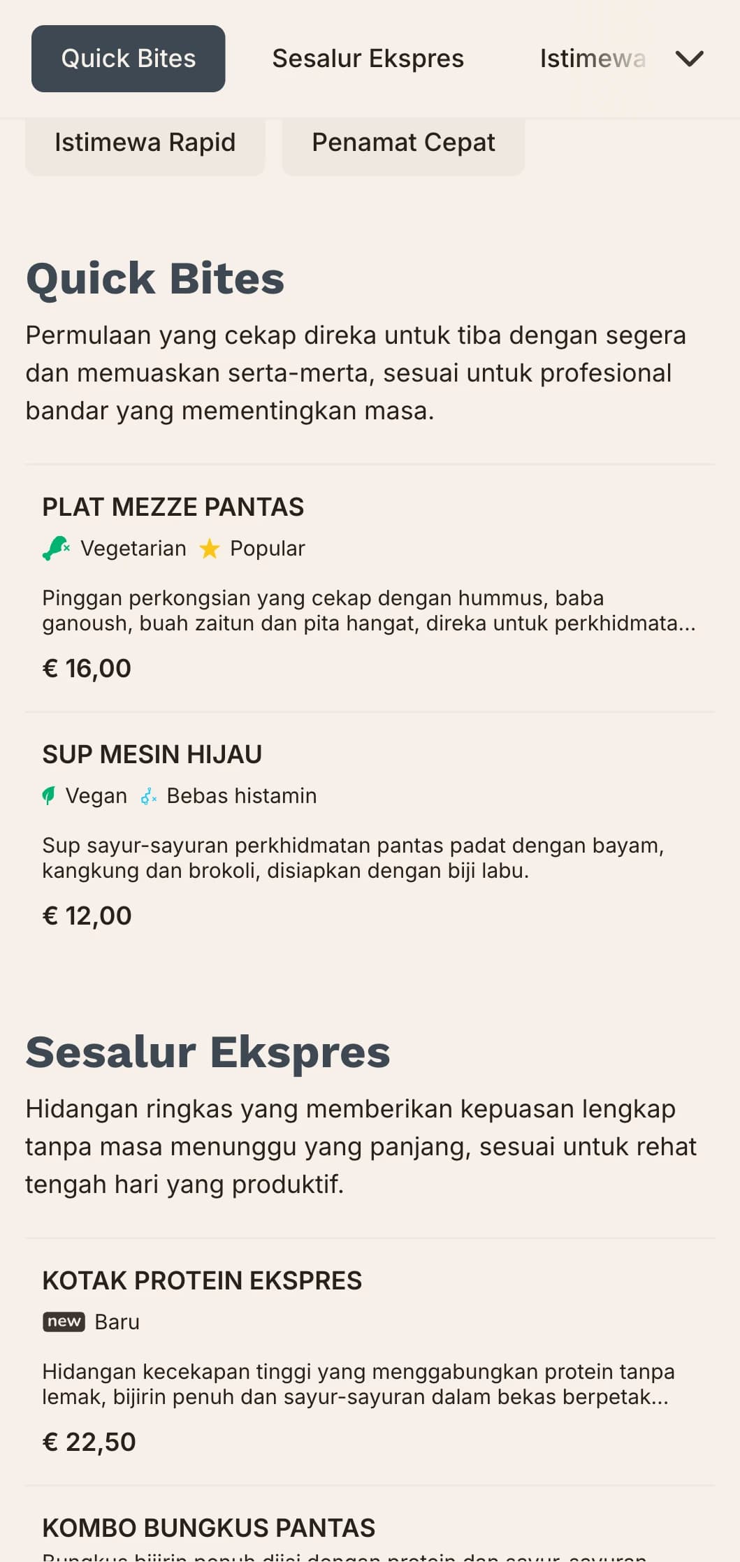 Reka bentuk menu makan tengah hari yang cekap dan berinspirasikan bandar dengan tipografi yang berani dan organisasi yang jelas, sesuai untuk kedai makan di bandar yang sibuk yang menghidangkan profesional yang bekerja dengan waktu makan tengah hari yang terhad.