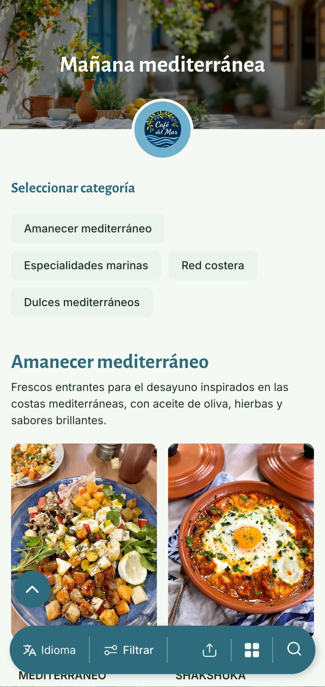 Plantilla de brunch luminosa y aireada con influencias mediterráneas, perfecta para cafeterías que ofrecen desayunos sanos a base de aceite de oliva.