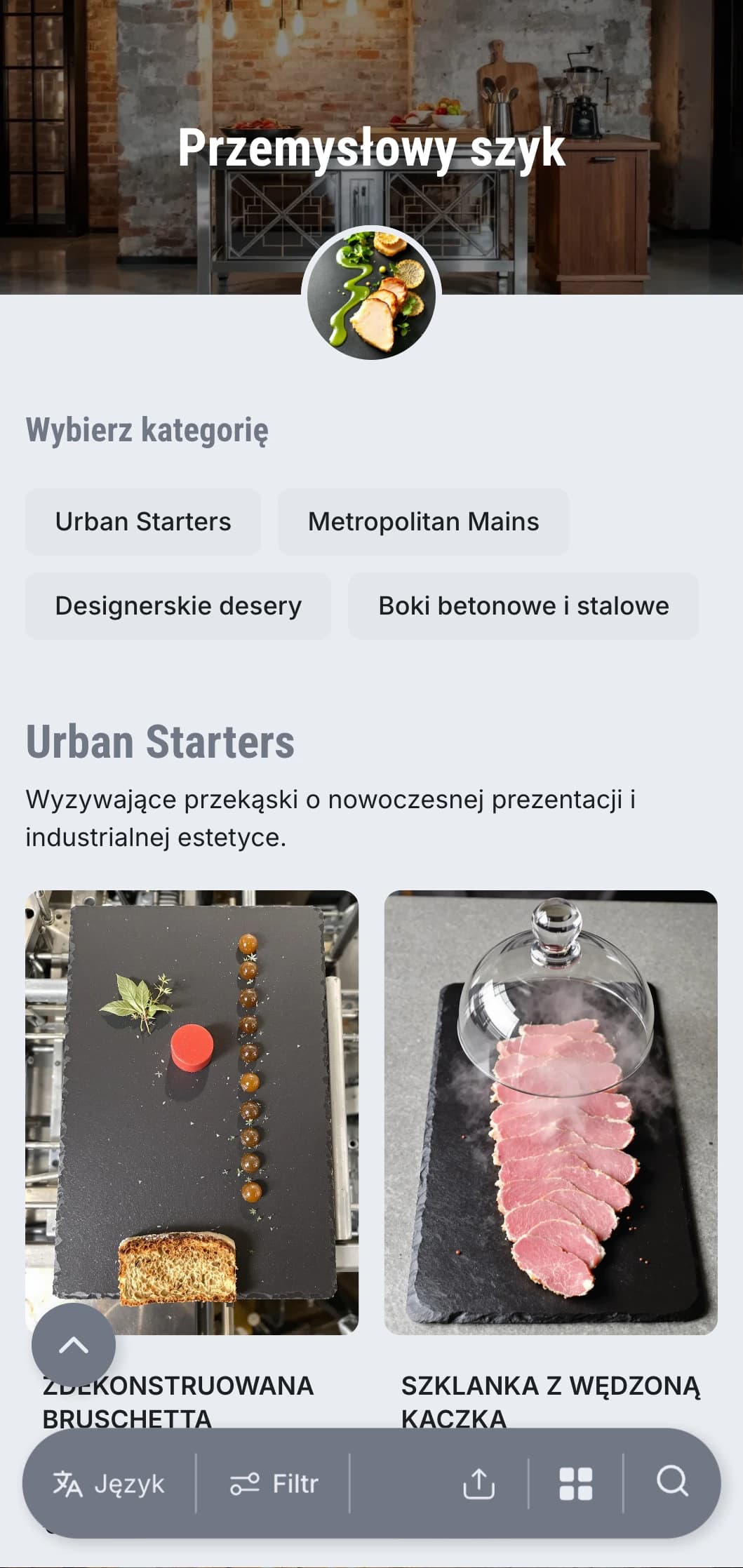 Surowa, ostra prezentacja cateringowa z nowoczesną miejską estetyką, metalicznymi elementami i betonowymi teksturami na imprezy magazynowe i otwarcia galerii.