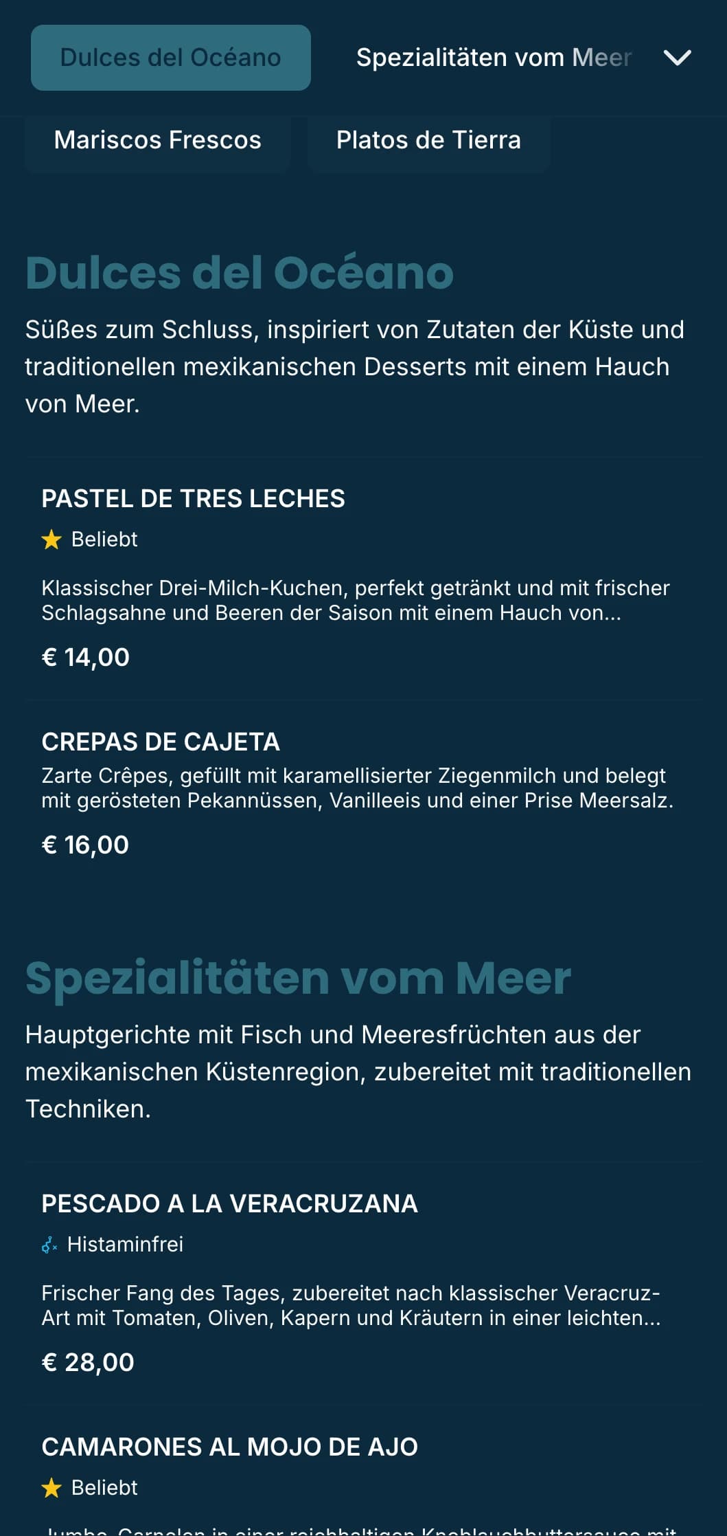 Frisches und luftiges mexikanisches Küstendesign mit Meeresfrüchtespezialitäten, azurblauen Akzenten, dezenten Wellenmustern und Strandambiente.