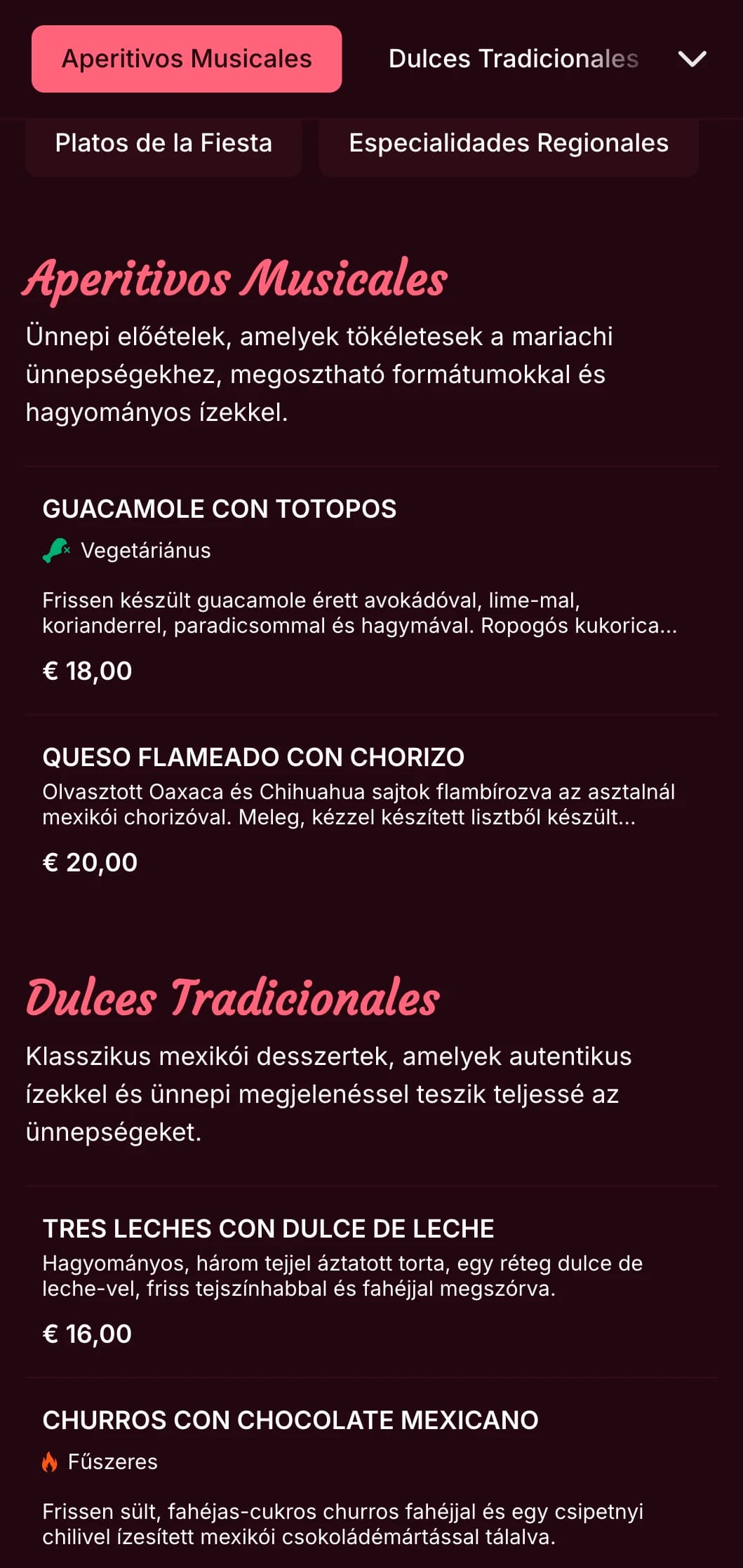 Élénk és zenés mexikói menü, élénk rózsaszín akcentussal, mariachi képekkel és ünnepi ételekkel, amelyek tökéletesek ünnepségekhez és partikhoz.