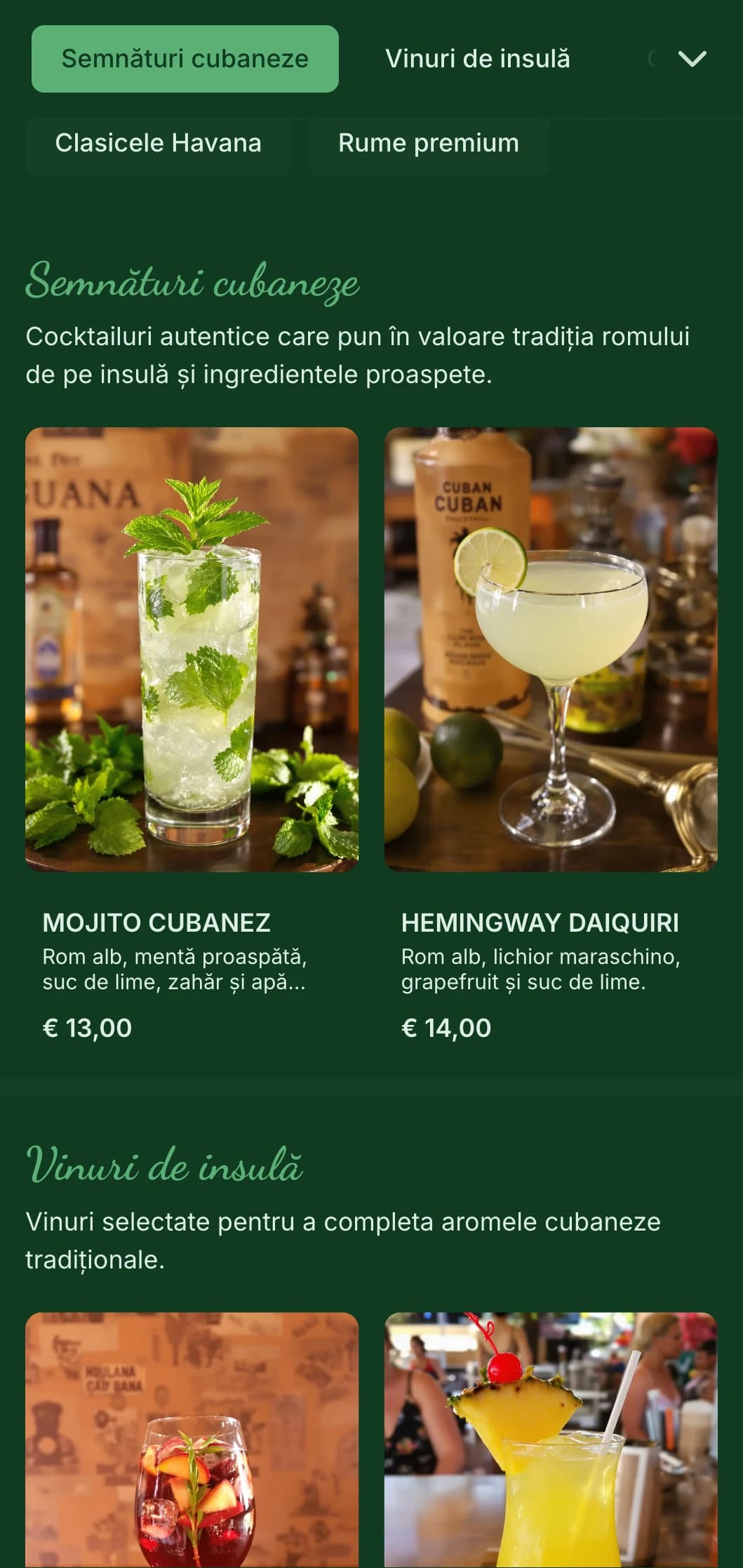 Design verde tropical cu elemente vintage pentru baruri cu rom de inspirație cubaneză.