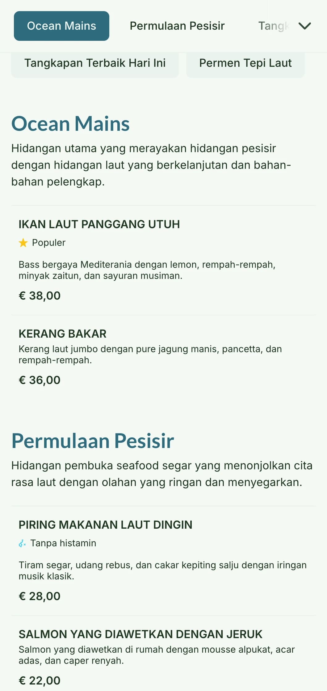 Desain menu makan malam yang segar dan lapang yang terinspirasi dari kehidupan pesisir, menampilkan warna biru yang lembut dan tekstur alami, cocok untuk restoran hidangan laut.
