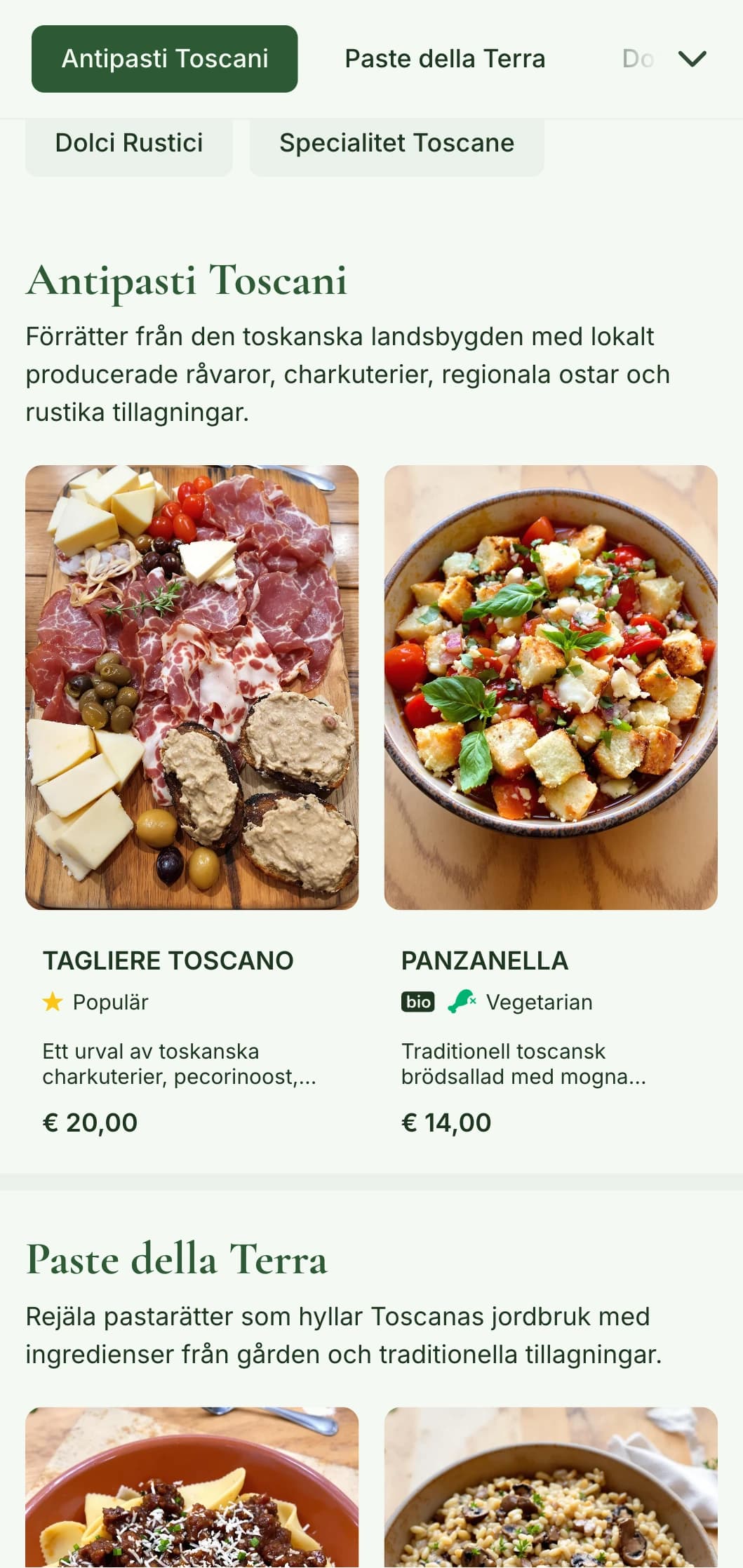 Hyllar den toskanska landsbygden med olivgrönt, vingårdsmotiv och jordnära element för en autentisk italiensk matupplevelse.