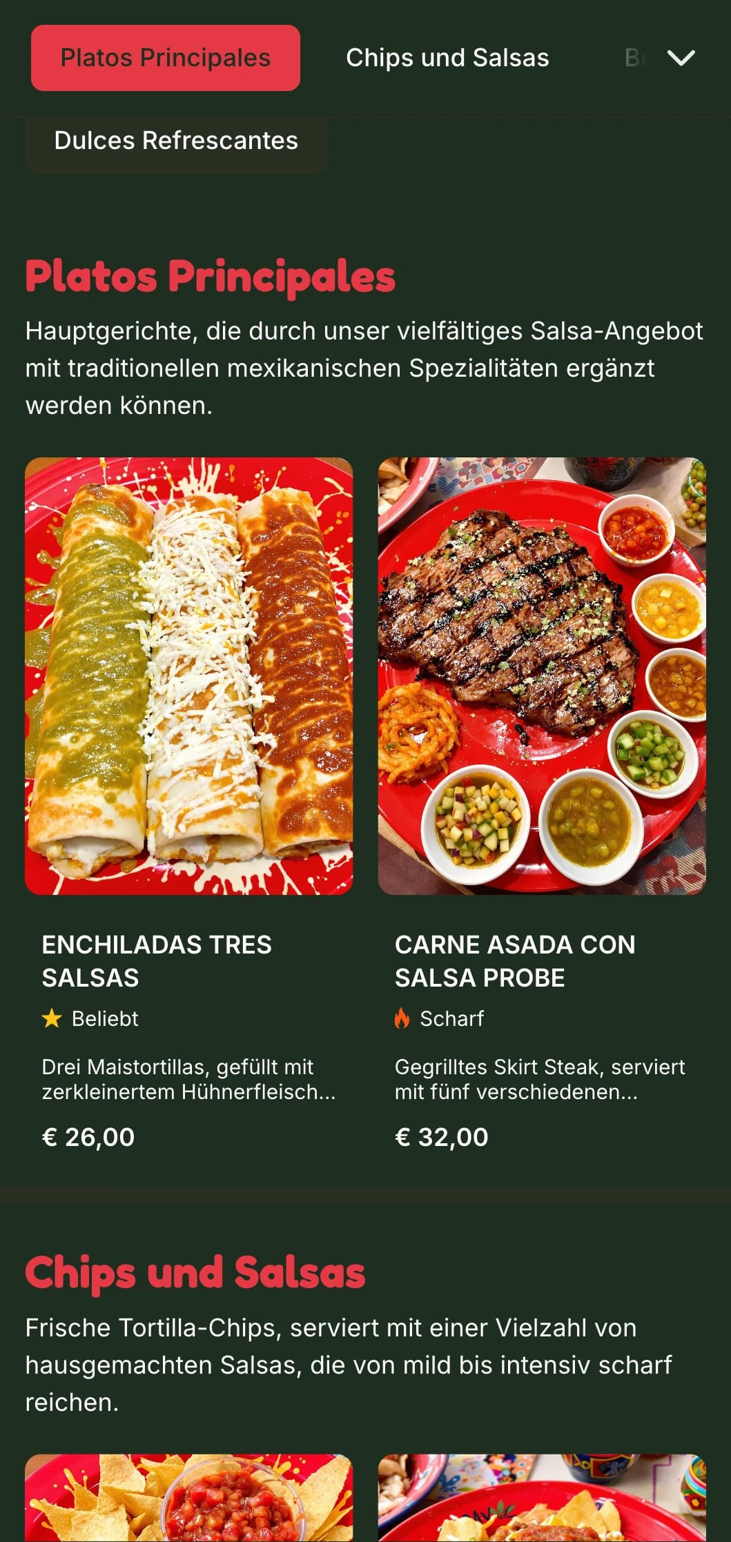 Lebendige und individuell anpassbare Speisekarte mit Schwerpunkt auf verschiedenen mexikanischen Salsas mit leuchtend roten Akzenten, Gewürzstufen und ergänzenden Gerichten.