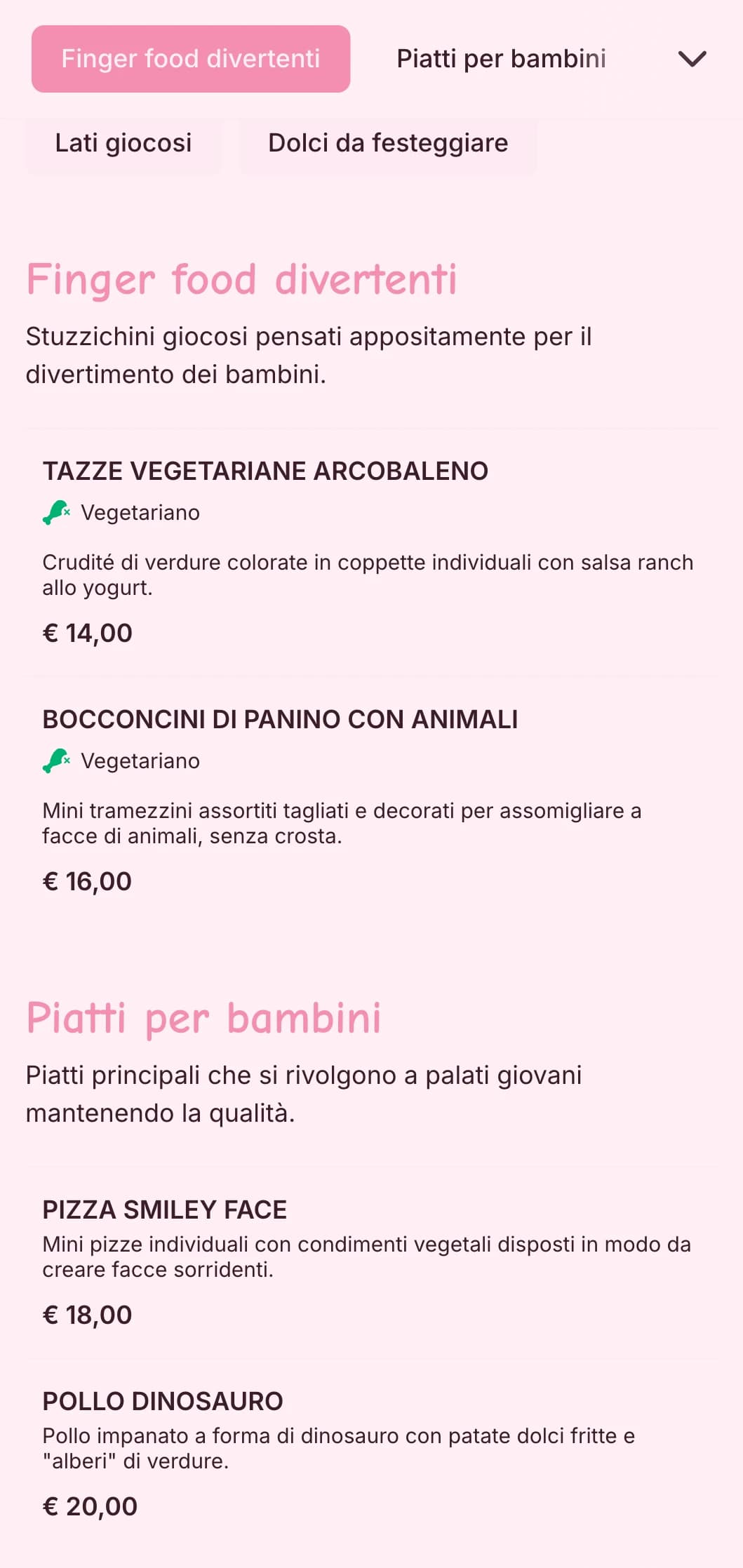 Un catering divertente e colorato, pensato appositamente per gli eventi dei bambini, con presentazioni giocose, opzioni adatte ai bambini e stazioni alimentari interattive.