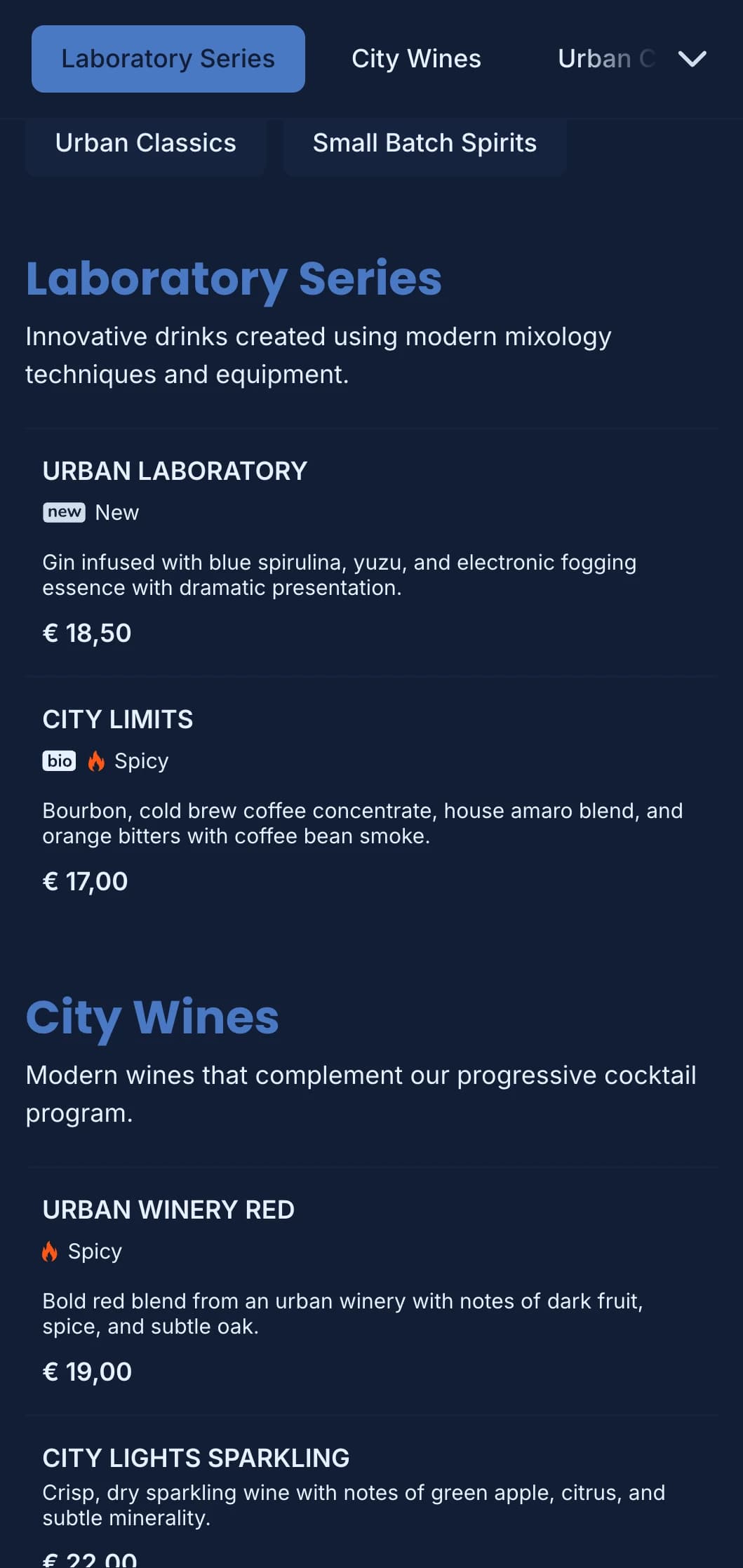 Clean, structured blue design with geometric patterns for modern urban bars.