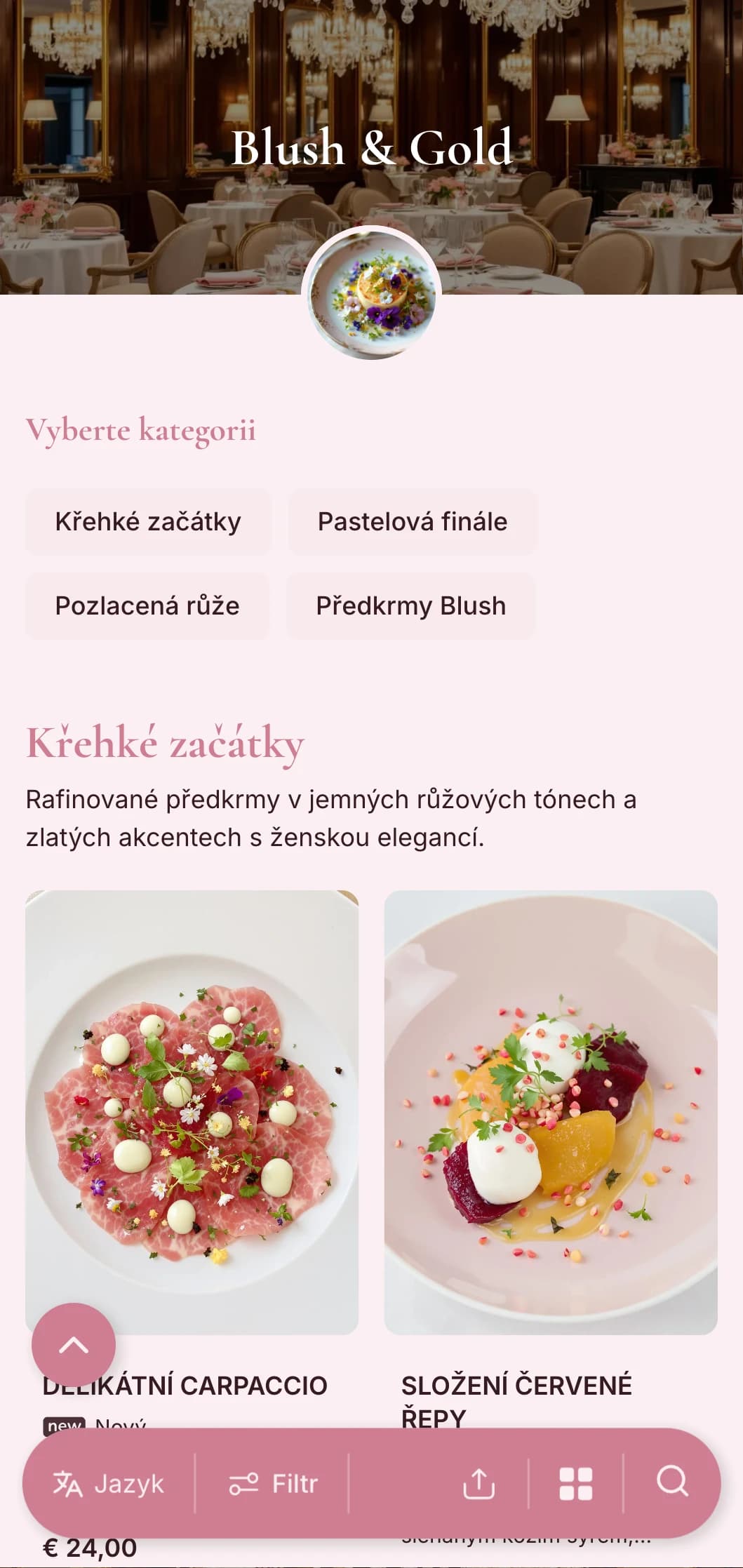 Rafinovaný ženský koncept s jemnými růžovými tóny s elegantními zlatými akcenty pro jemný luxusní zážitek.