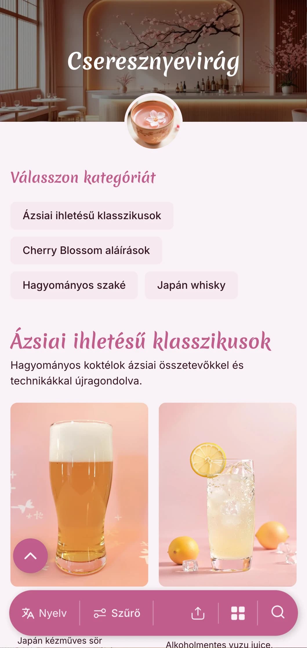 Japán esztétika által ihletett finom rózsaszín design szaké és ázsiai-fúziós bárok számára.