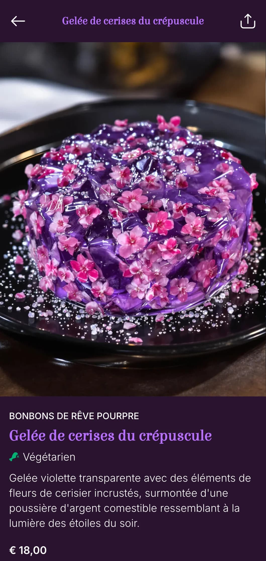 Menu de sushis inspiré des fleurs de cerisier, dans des tons violets riches et crépusculaires, pour les repas du soir.