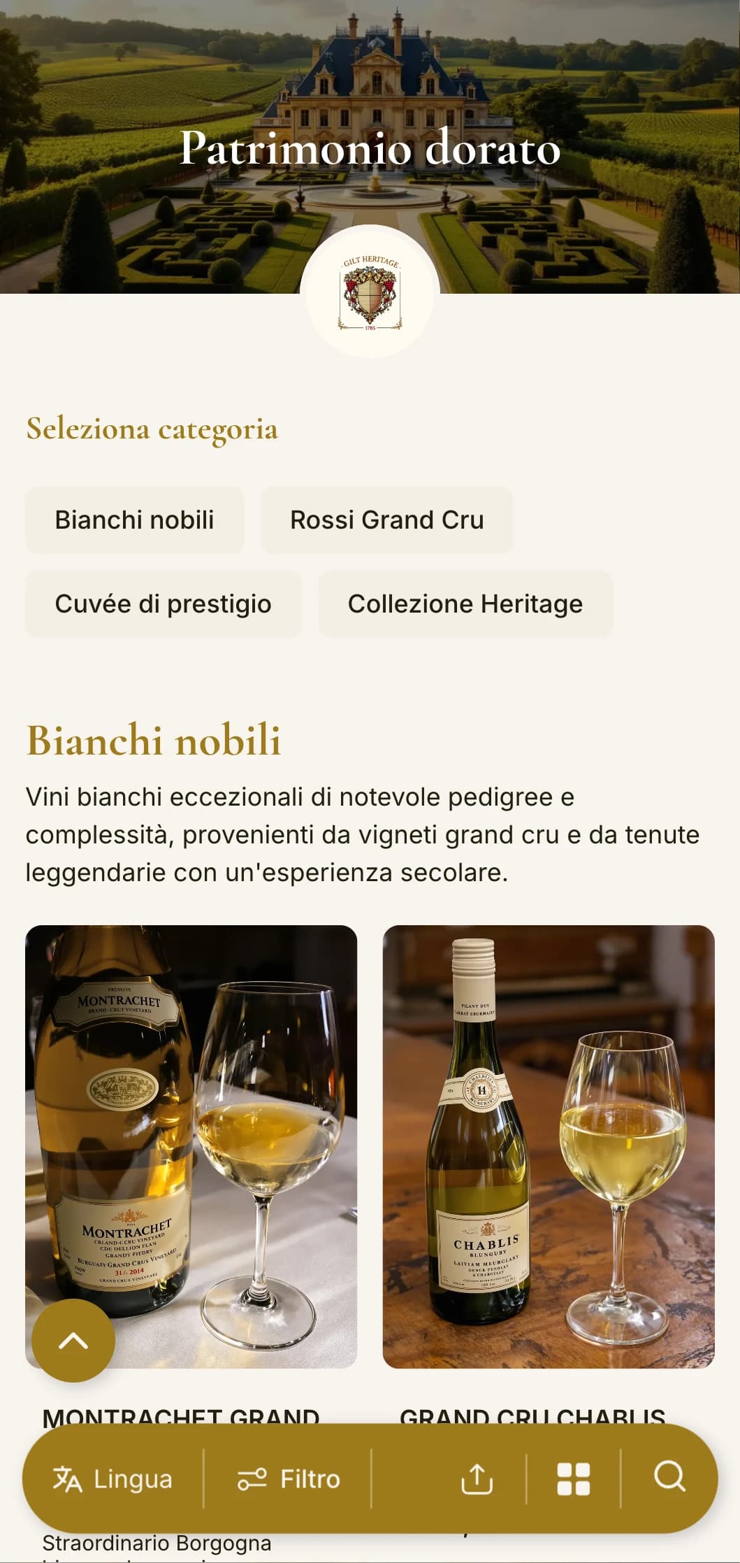 Modello di carta dei vini lussuosamente tradizionale con accenti dorati ed elementi storici, perfetto per cantine affermate e ristoranti classici di alta cucina.