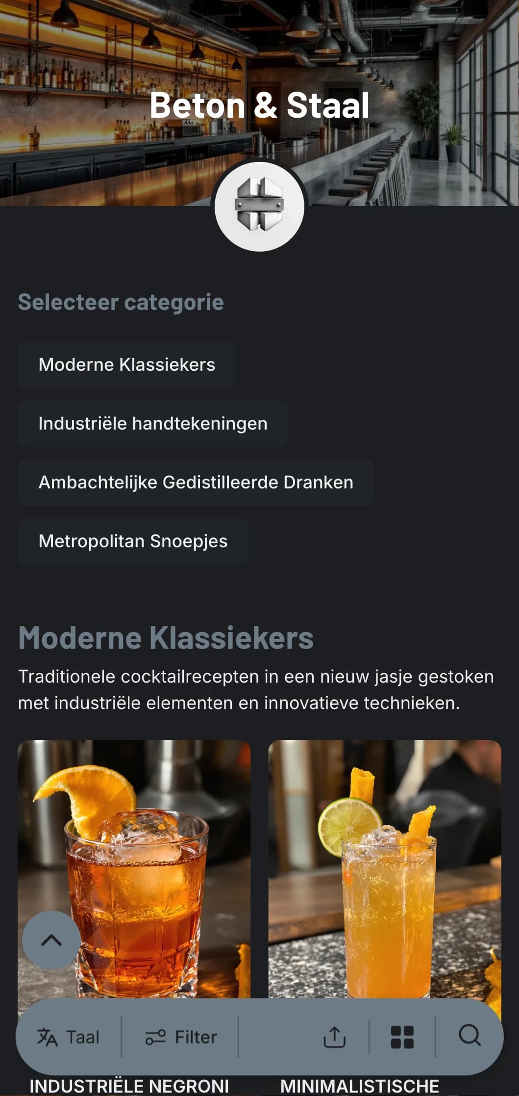 Een industrieel, stedelijk ontwerp voor eigentijdse bars met betonnen texturen en stalen elementen met strakke typografie.