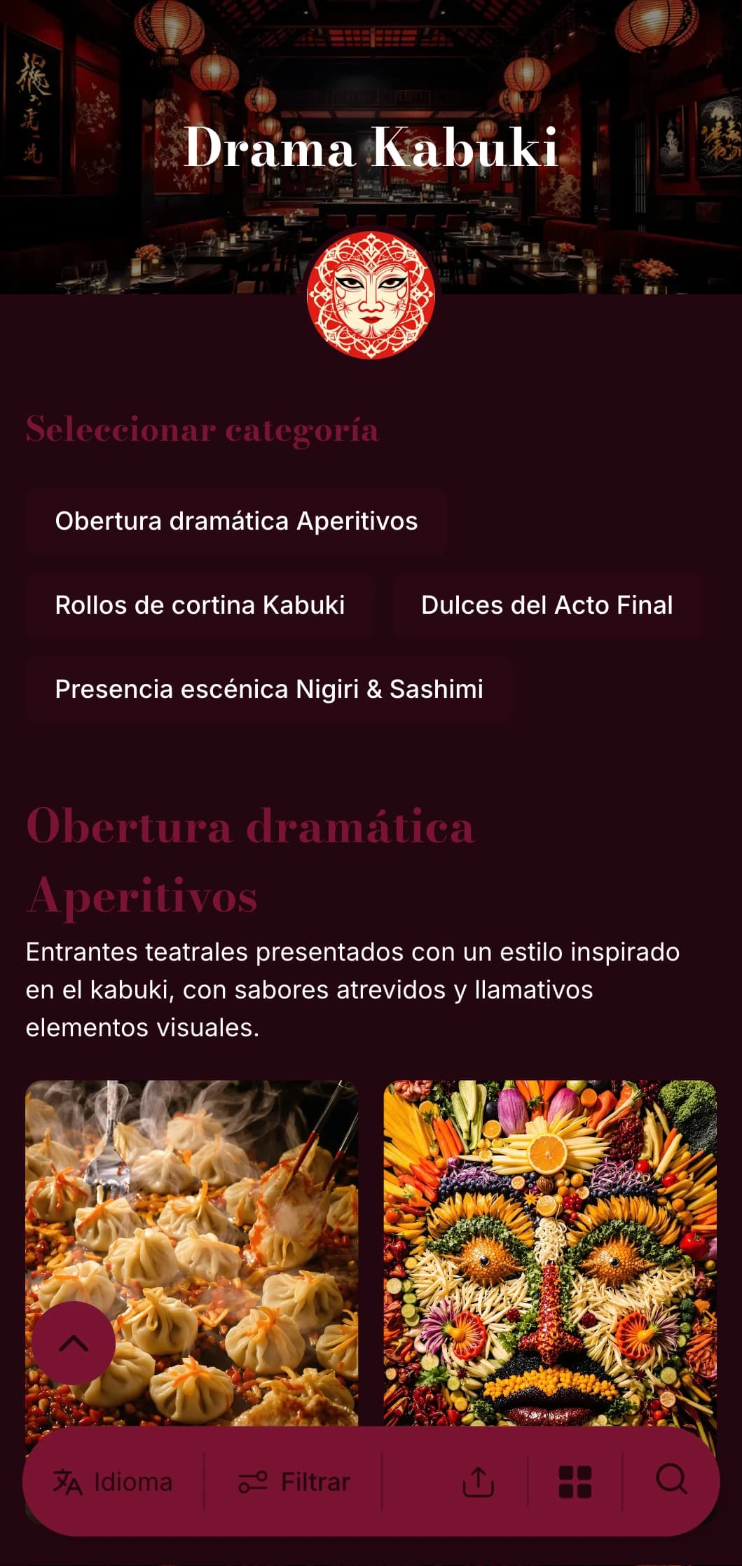 Menú de sushi teatral inspirado en el Kabuki tradicional, con espectaculares contrastes de rojo y negro.