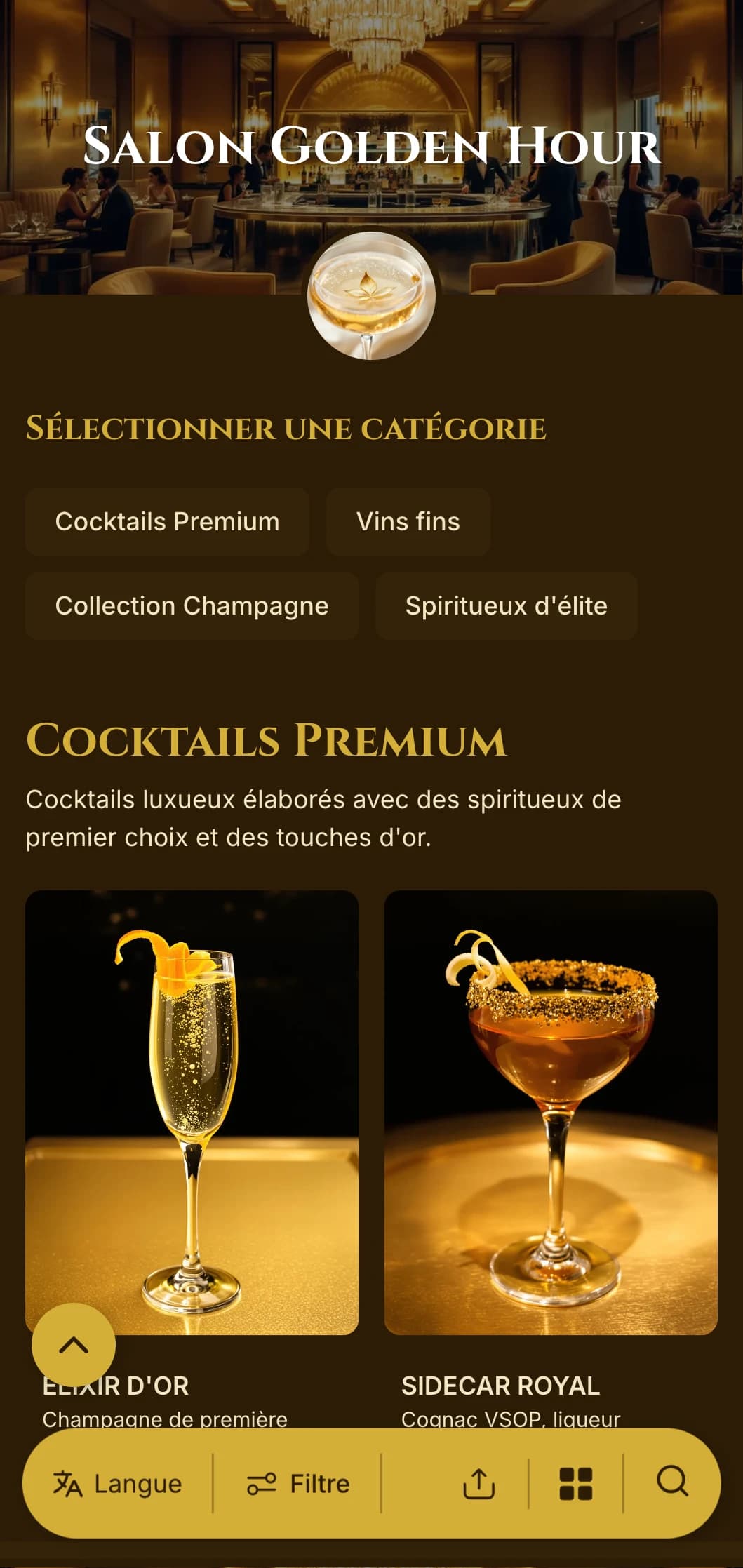 Design luxueux aux tons dorés pour les bars à cocktails haut de gamme et les salons VIP.