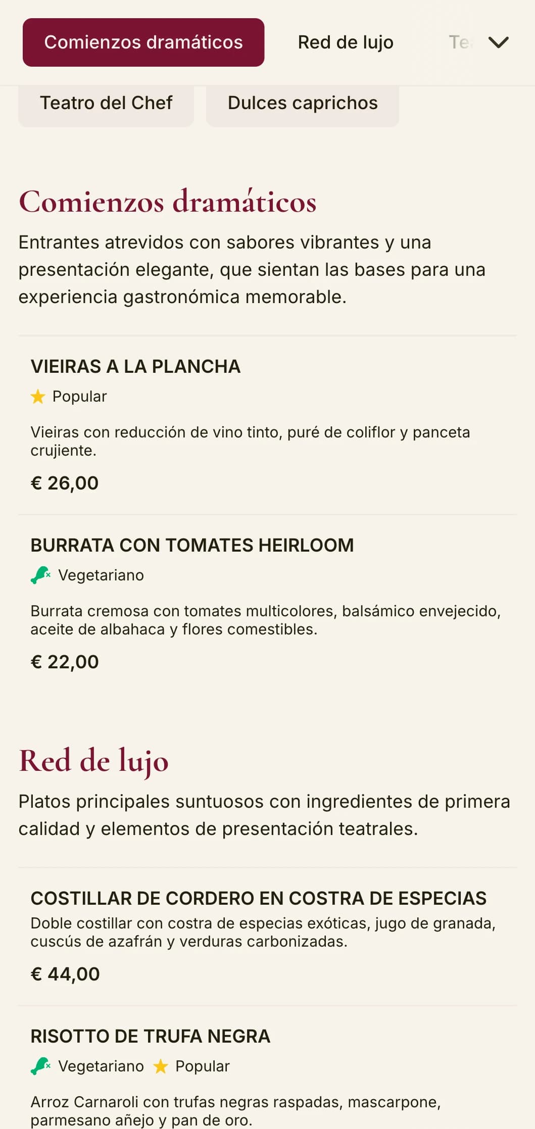 Un menú atrevido y espectacular con tonos rojos intensos y elementos lujosos, diseñado para cenas de lujo con un toque teatral.