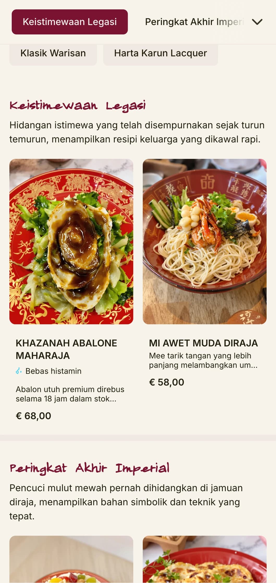 Reka bentuk menu Cina mewah yang diilhamkan oleh pernis tradisional, dengan warna yang kaya untuk masakan warisan dan majlis khas.