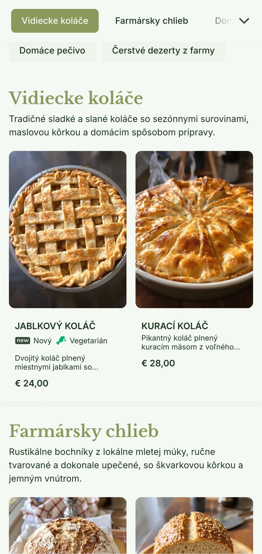 Domáci dizajn jedálneho lístka pre vidiecke pekárne s teplými zelenými tónmi a tradičnou typografiou, ktorý je ideálny pre pekárne a obchody s domácim tovarom.