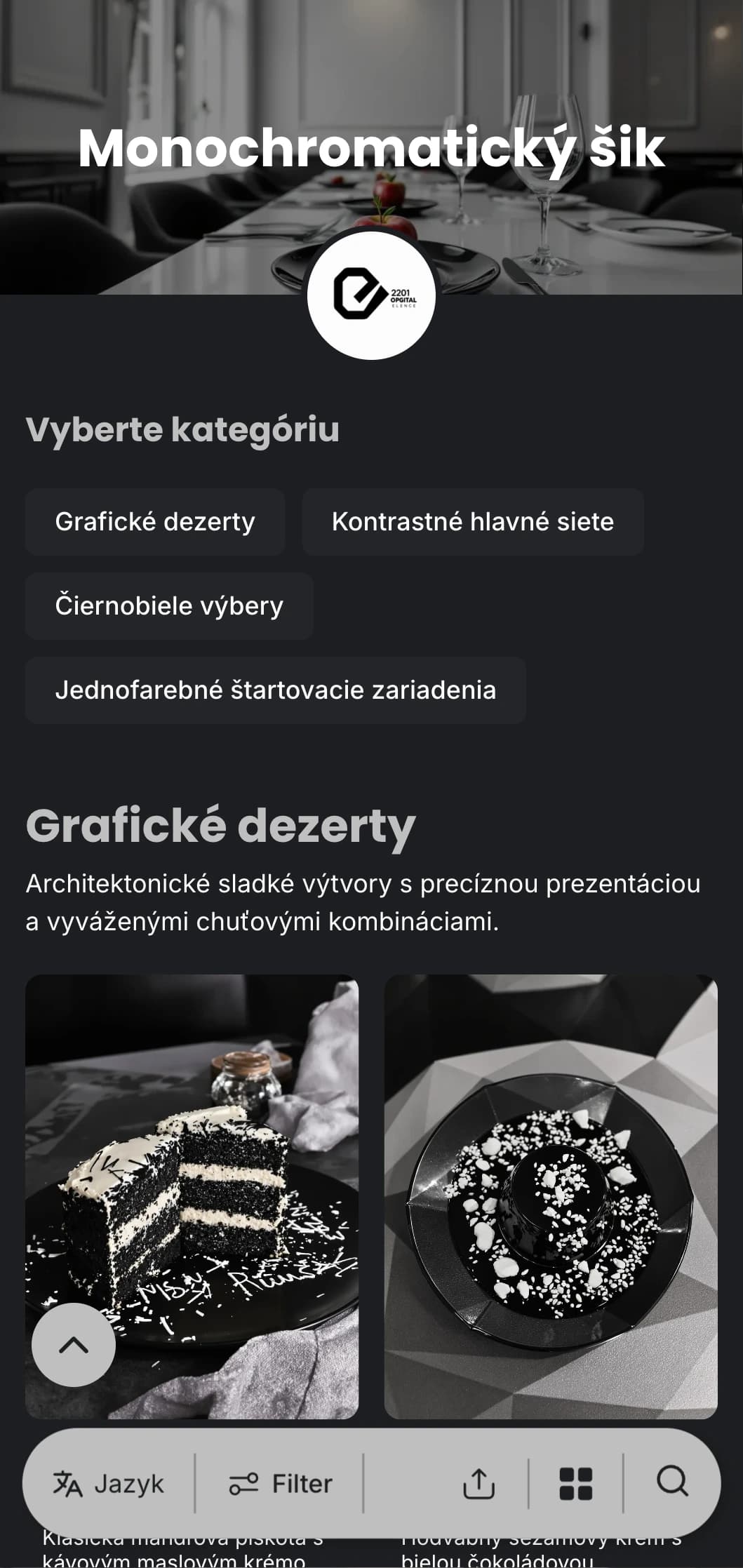 Sofistikované čiernobiele menu na večeru s výraznou typografiou a čistými líniami, navrhnuté pre súčasné kvalitné stolovanie.