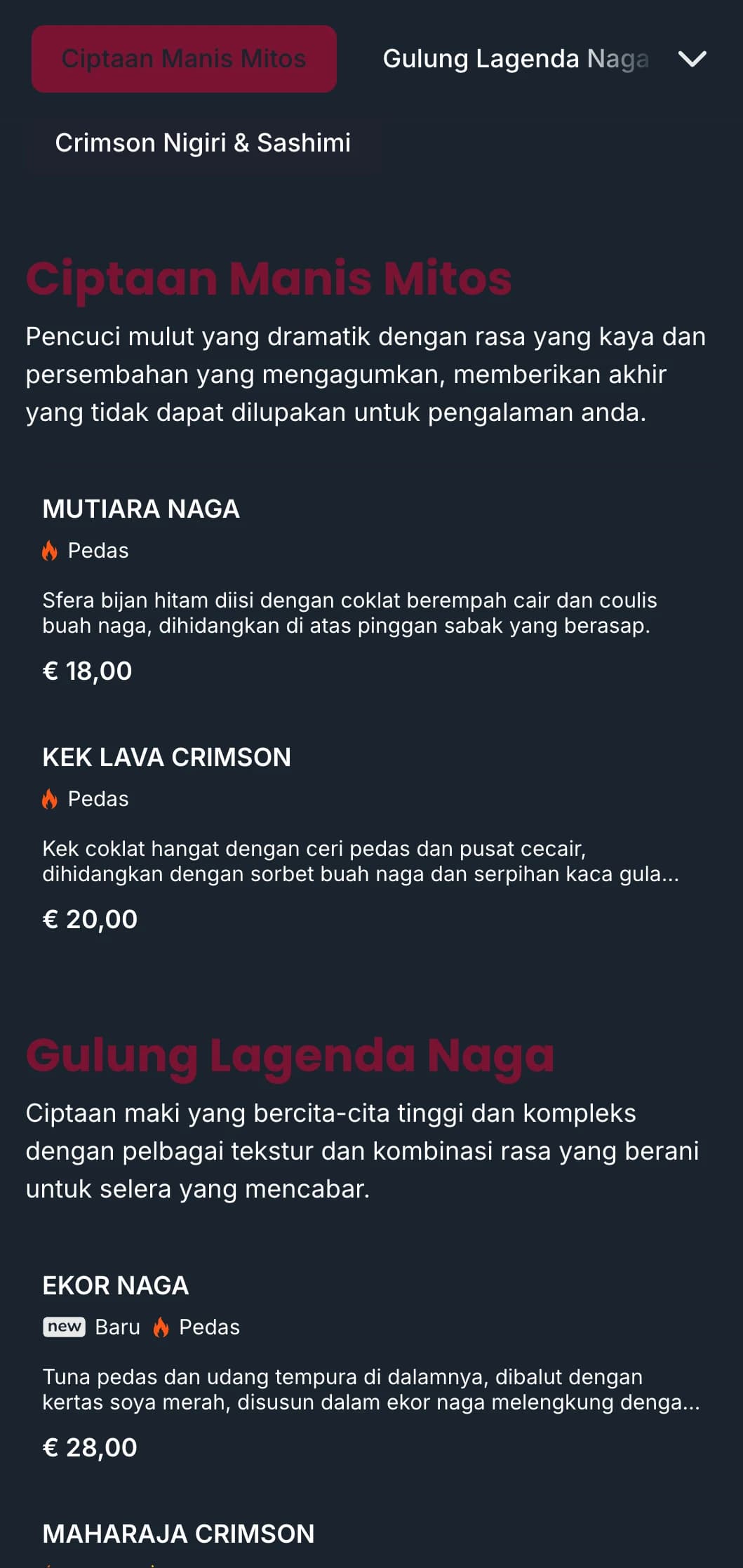 Menu sushi yang berani dan dramatik dengan rona merah yang kaya yang diilhamkan oleh mitologi naga tradisional Jepun.