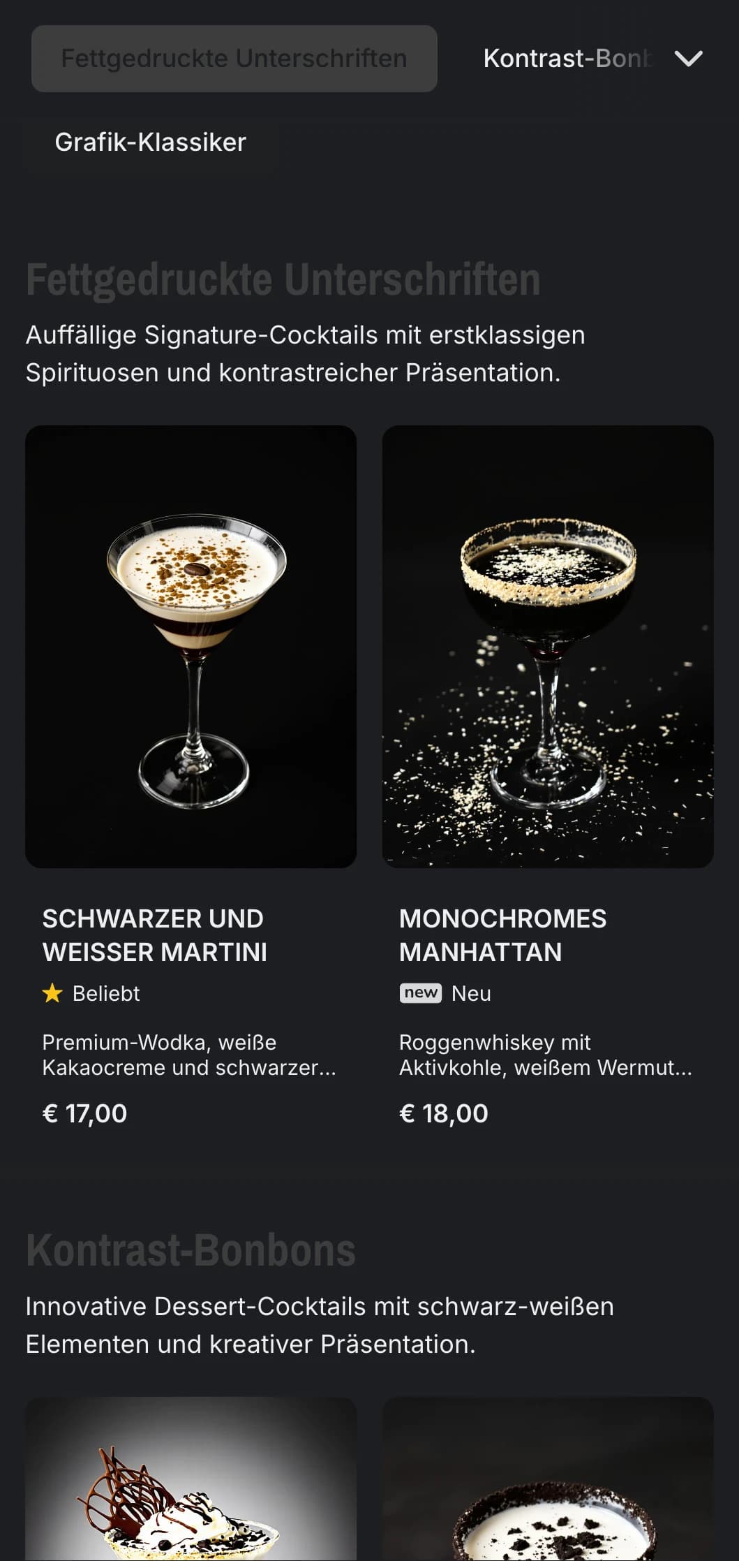 Ein schlichtes, schwarz-weißes Design für moderne Cocktailbars mit starkem Kontrast und minimalistischer Typografie.