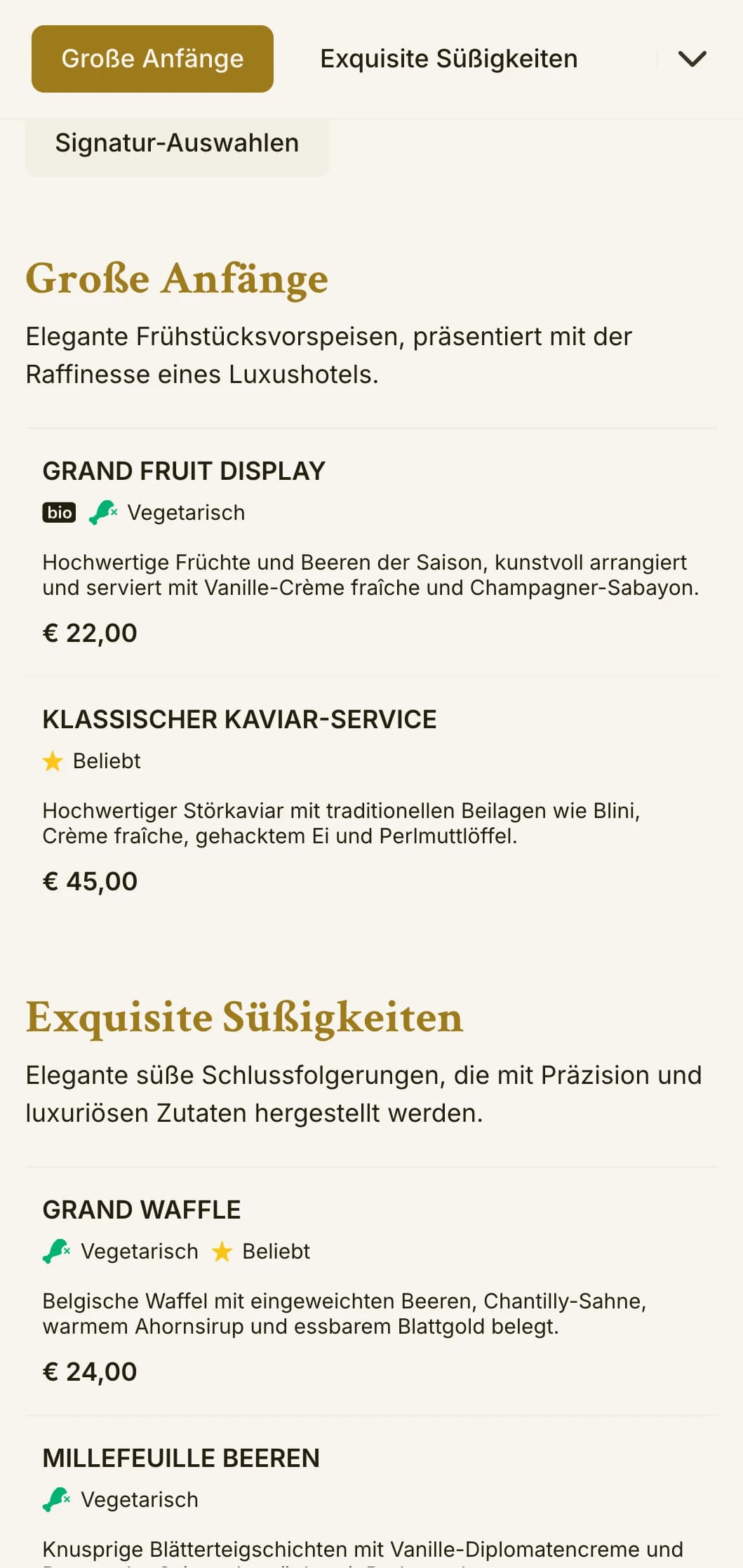 Anspruchsvolles Morgenessen mit erstklassigen Zutaten und eleganter Präsentation in der Tradition des Grand Hotels.