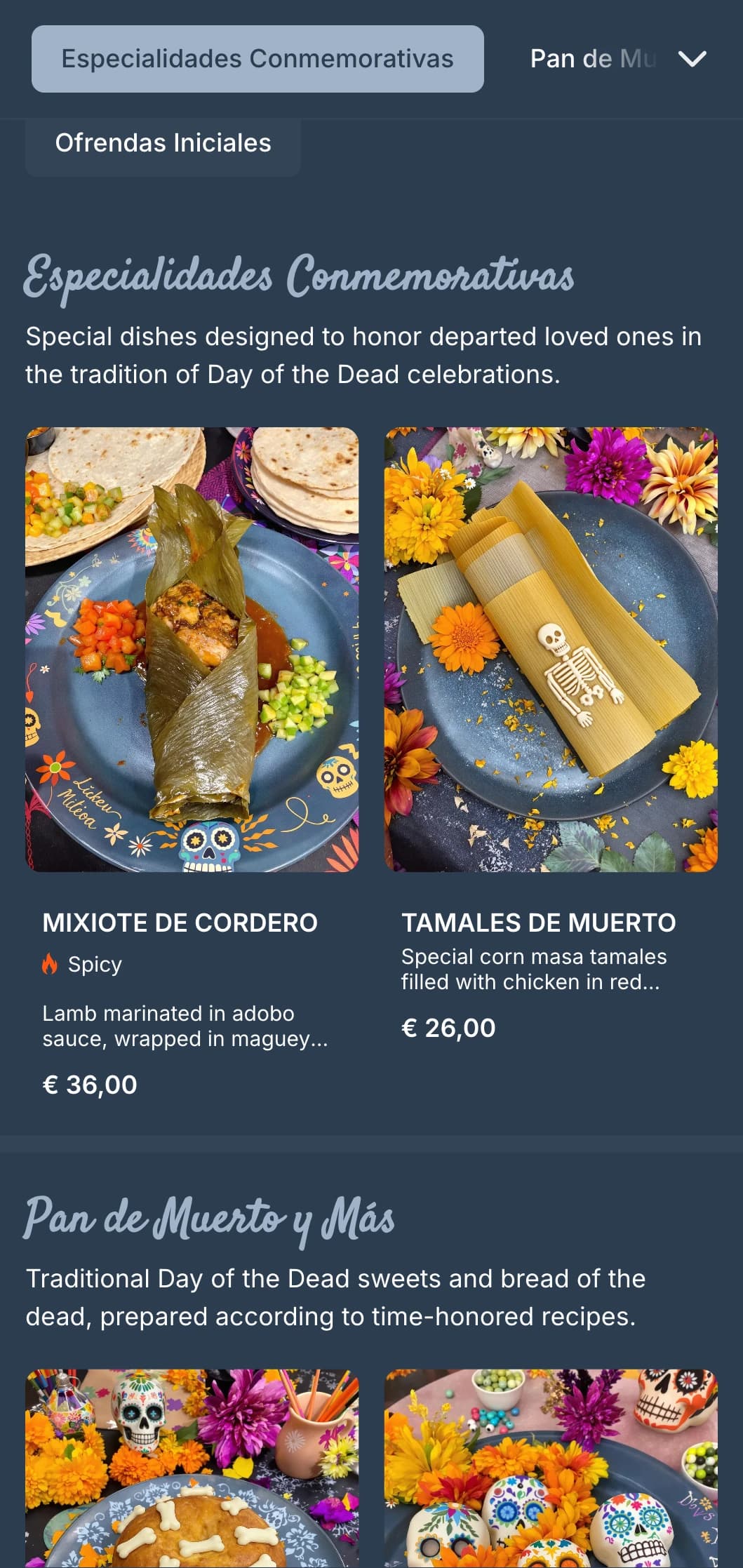 Artistic and celebratory Day of the Dead themed menu featuring rich blue-gray tones, sugar skull motifs, and special seasonal offerings.