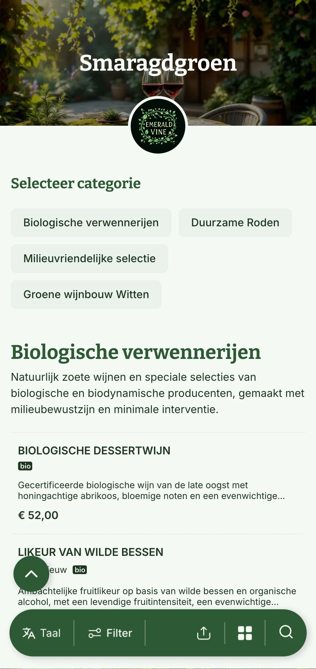 Weelderig groen sjabloon voor wijnkaart met botanische elementen en natuurlijke texturen, perfect voor biologische wijnselecties en tuinrestaurants.