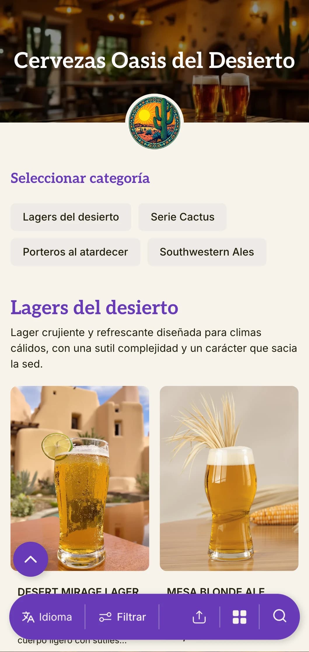 Plantilla cálida y terrosa inspirada en los paisajes del suroeste, perfecta para cervecerías desérticas y bares temáticos del suroeste.