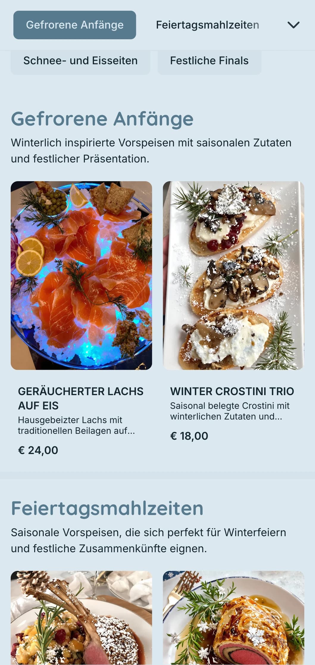 Magisches Winter-Catering mit saisonalen Zutaten, dramatischer Präsentation und gemütlichen Elementen für Weihnachtsfeiern und Winterveranstaltungen.