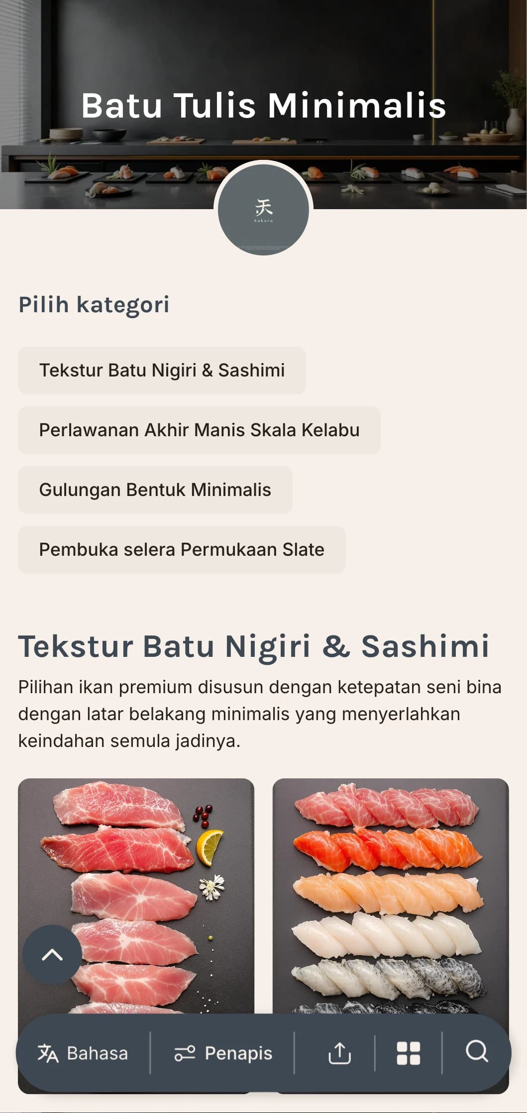 Menu sushi kontemporari yang bersih dengan rona kelabu batu tulis dan reka bentuk minimalis untuk tempat kasual kelas atas.