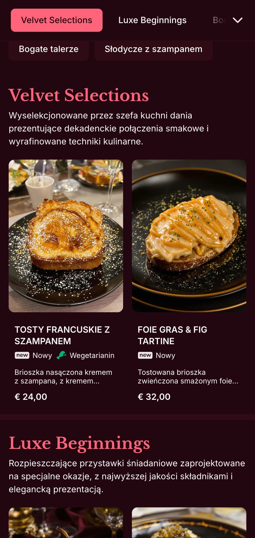 Bogaty, luksusowy szablon brunchowy z głębokimi kolorami, zaprojektowany na ekskluzywne weekendowe brunche z parami koktajli.