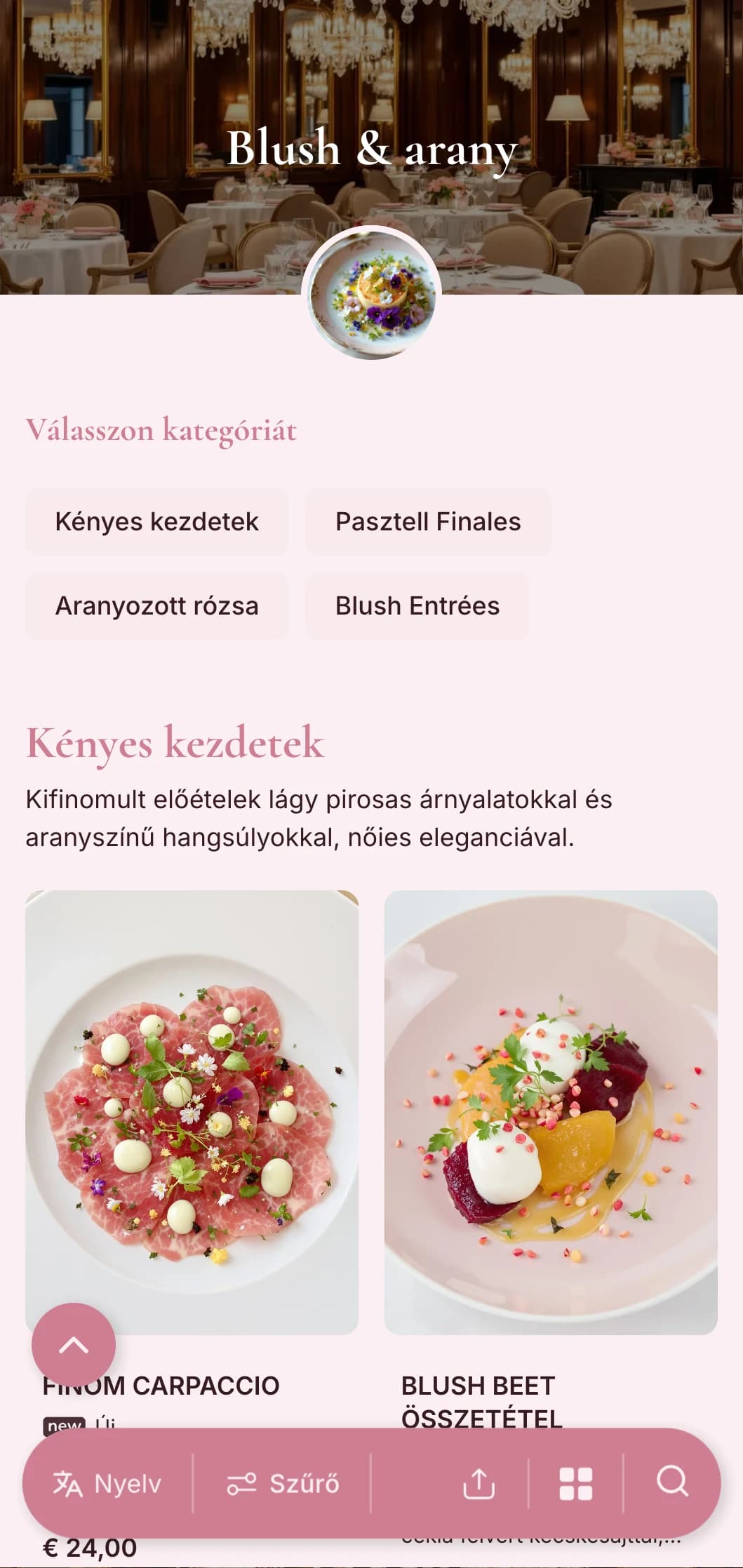 Kifinomult, nőies koncepció, lágy pirosas árnyalatokkal és elegáns arany ékezetekkel a finom luxus élményéért.