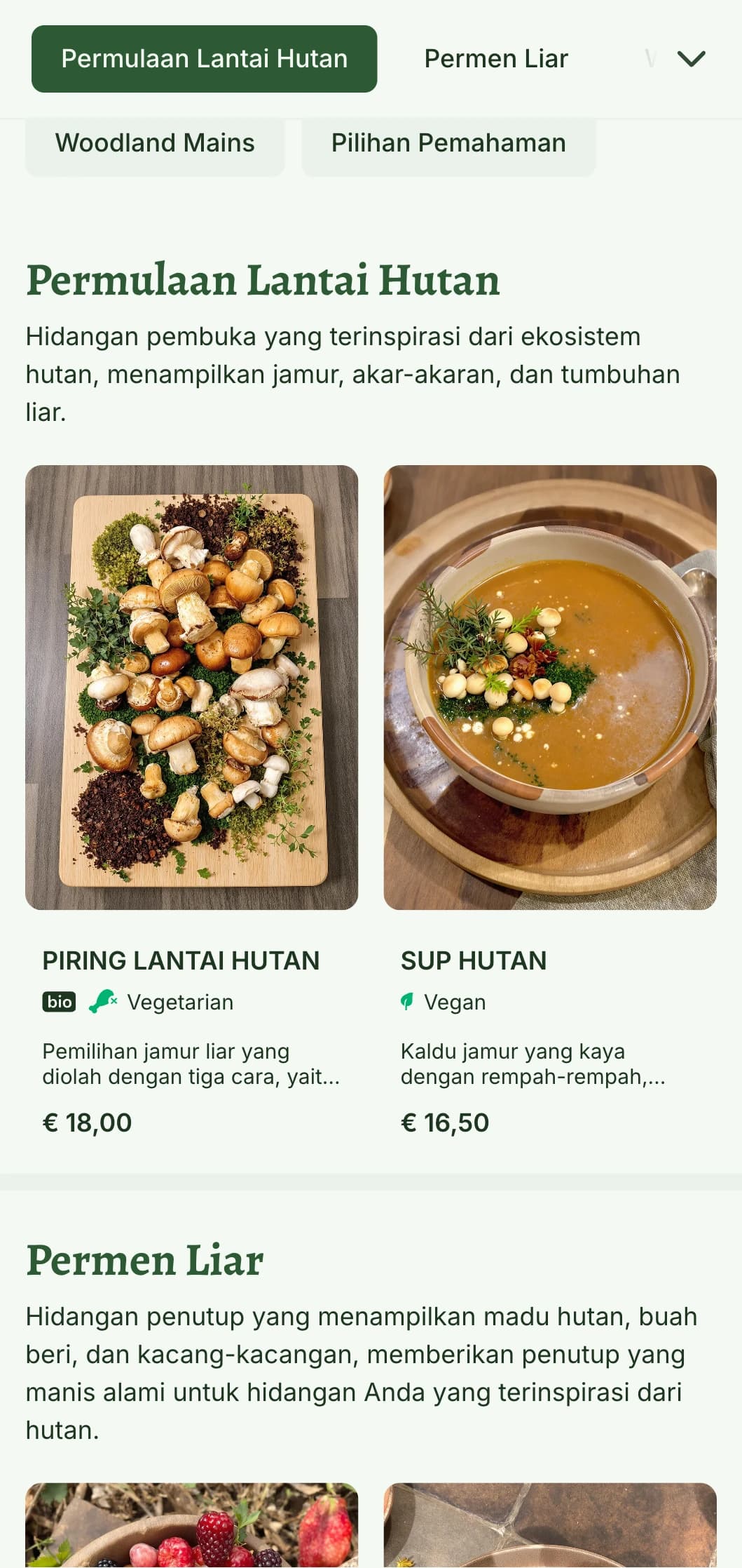 Desain menu makan siang yang terinspirasi dari hutan dengan elemen hutan dan tekstur alami, cocok untuk restoran yang berada di lingkungan hutan atau bertema hutan.