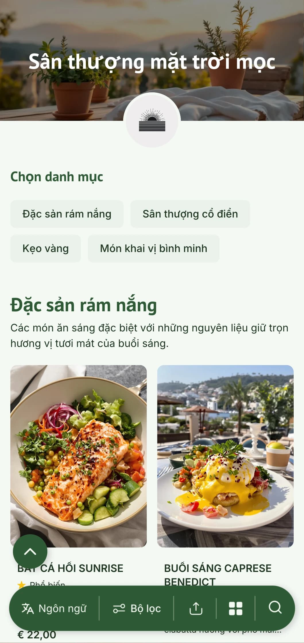 Thực đơn bữa sáng tươi mát, tươi tắn được thiết kế cho bữa sáng ngoài trời với các nguyên liệu tươi ngon theo mùa.