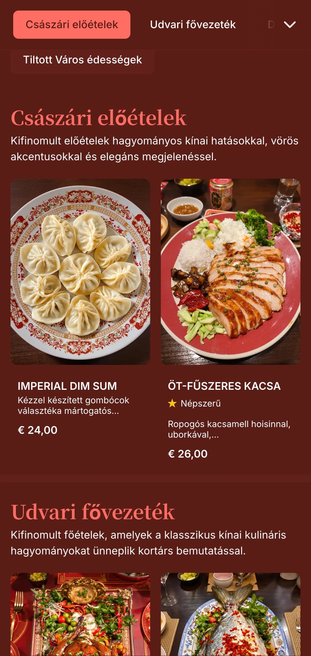 Elegáns, kínai ihletésű, gazdag vörös tónusokat és hagyományos keleti elemeket tartalmazó vacsora menü, amely tökéletes az előkelő kínai éttermek számára.