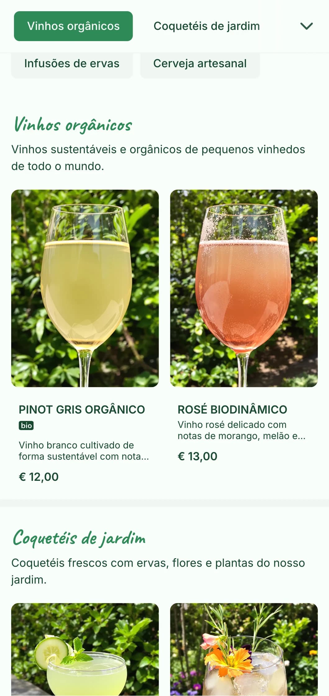 Design com tema verde fresco e elementos botânicos para bares e terraços de jardim.