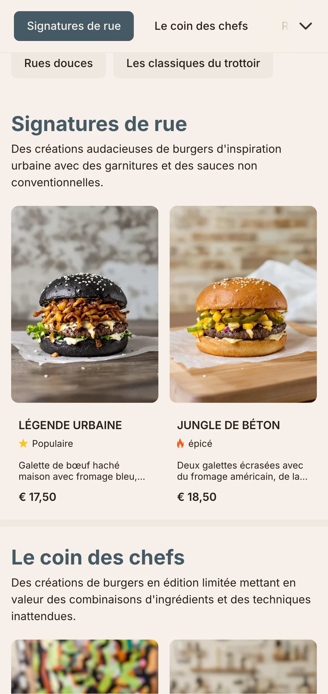 Un design inspiré de la cuisine urbaine avec des contrastes marqués et des éléments d'art urbain pour une expérience contemporaine et décontractée du hamburger.