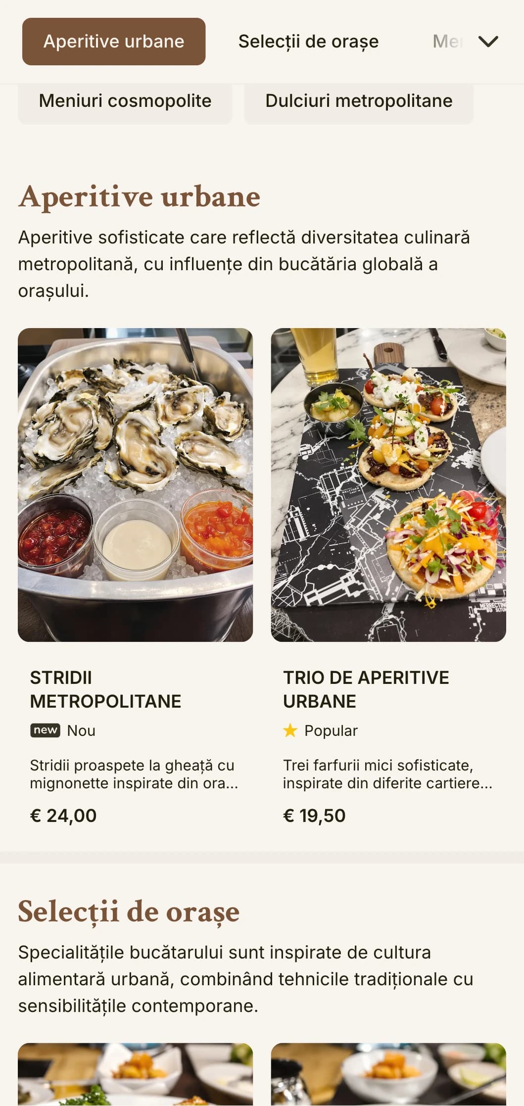 Un meniu de prânz cosmopolit, inspirat de oraș, cu eleganță urbană și detalii rafinate, potrivit pentru restaurantele din centrul orașului și unitățile sofisticate din oraș.