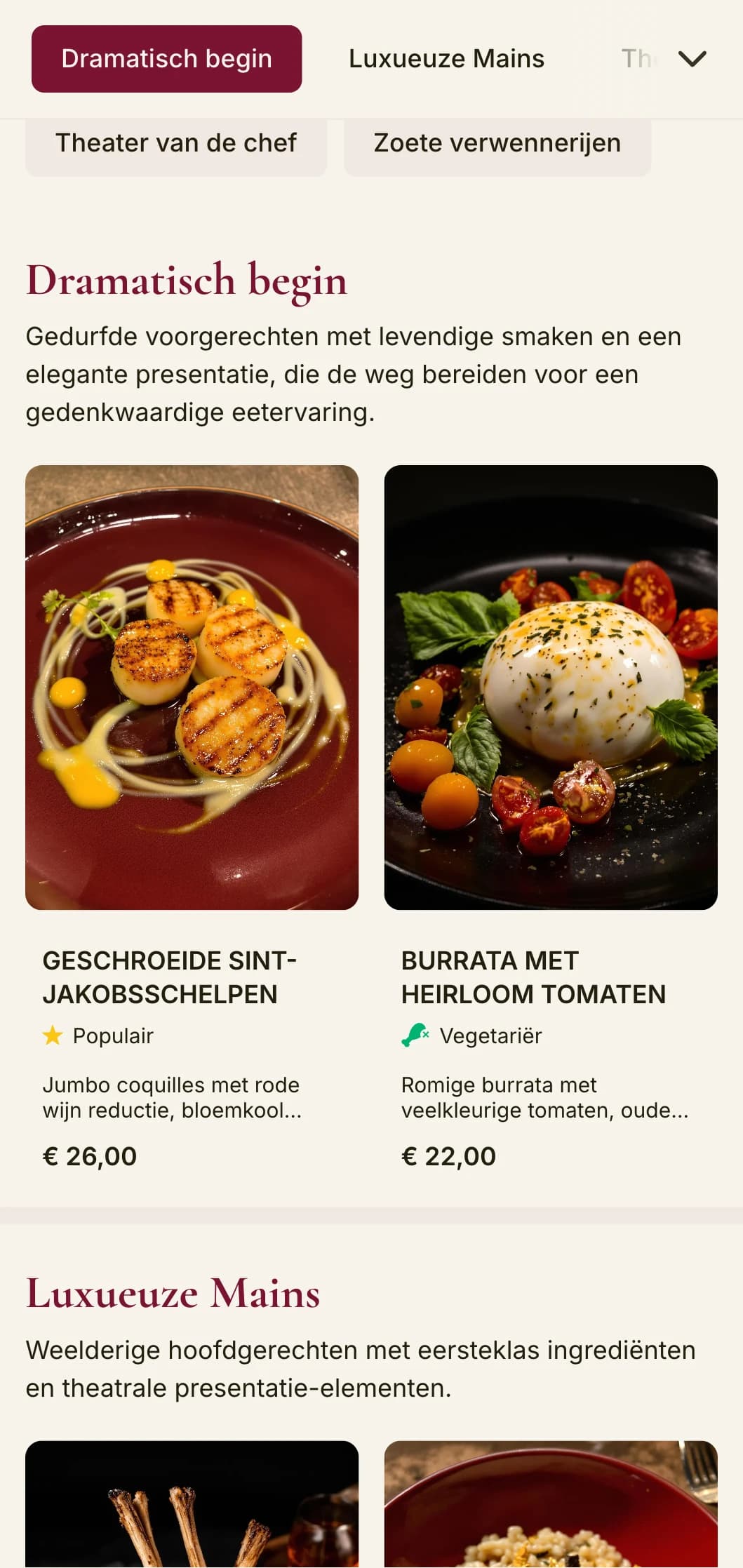 Een gedurfd en dramatisch dinermenu met dieprode tinten en luxe elementen, ontworpen voor chique eetgelegenheden met een theatrale flair.