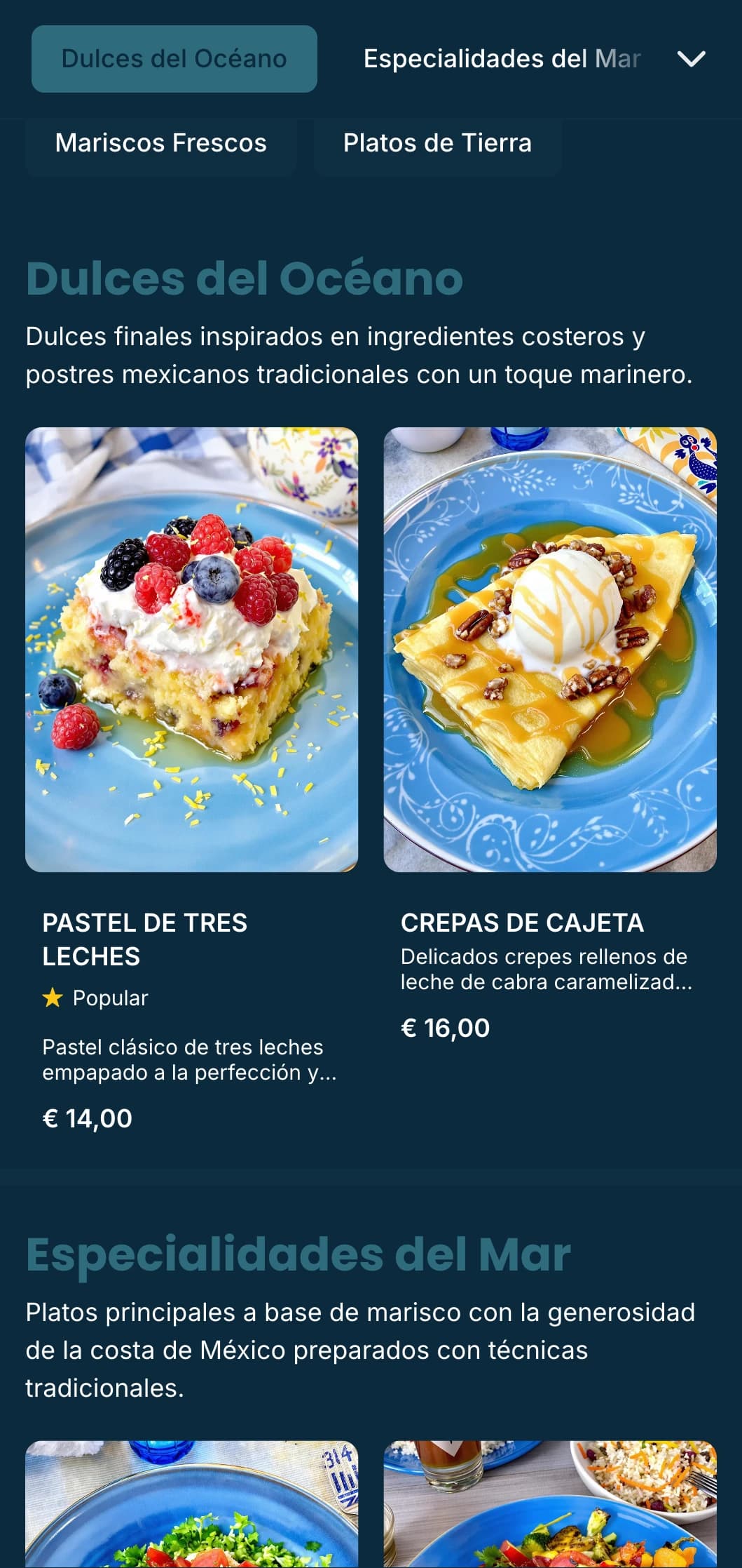 Fresco y fresco diseño de menú costero mexicano con especialidades de mariscos con acentos azul celeste, sutiles patrones de olas y ambiente junto a la playa.